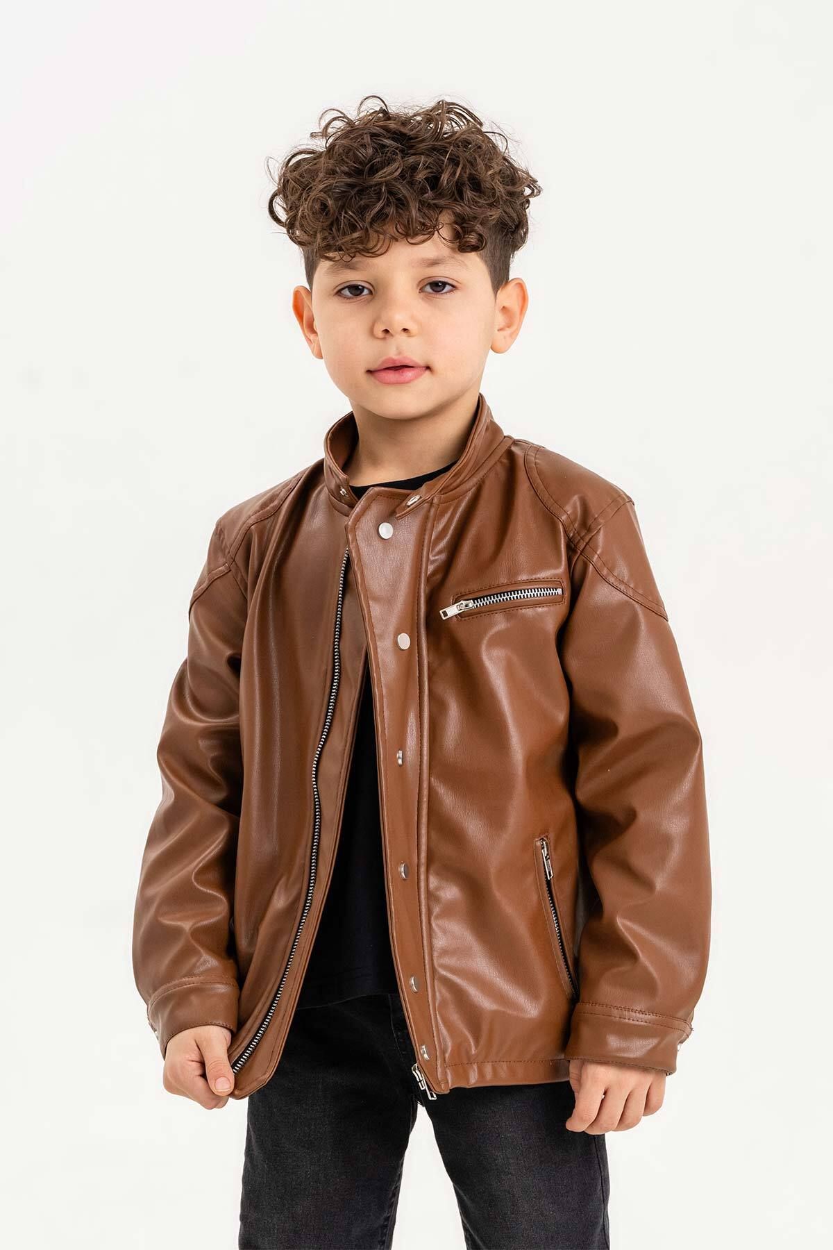 Gold Class Kidswear Çıtçıt Süslemeli Fermuarlı Astarlı Erkek Çocuk Deri Ceket