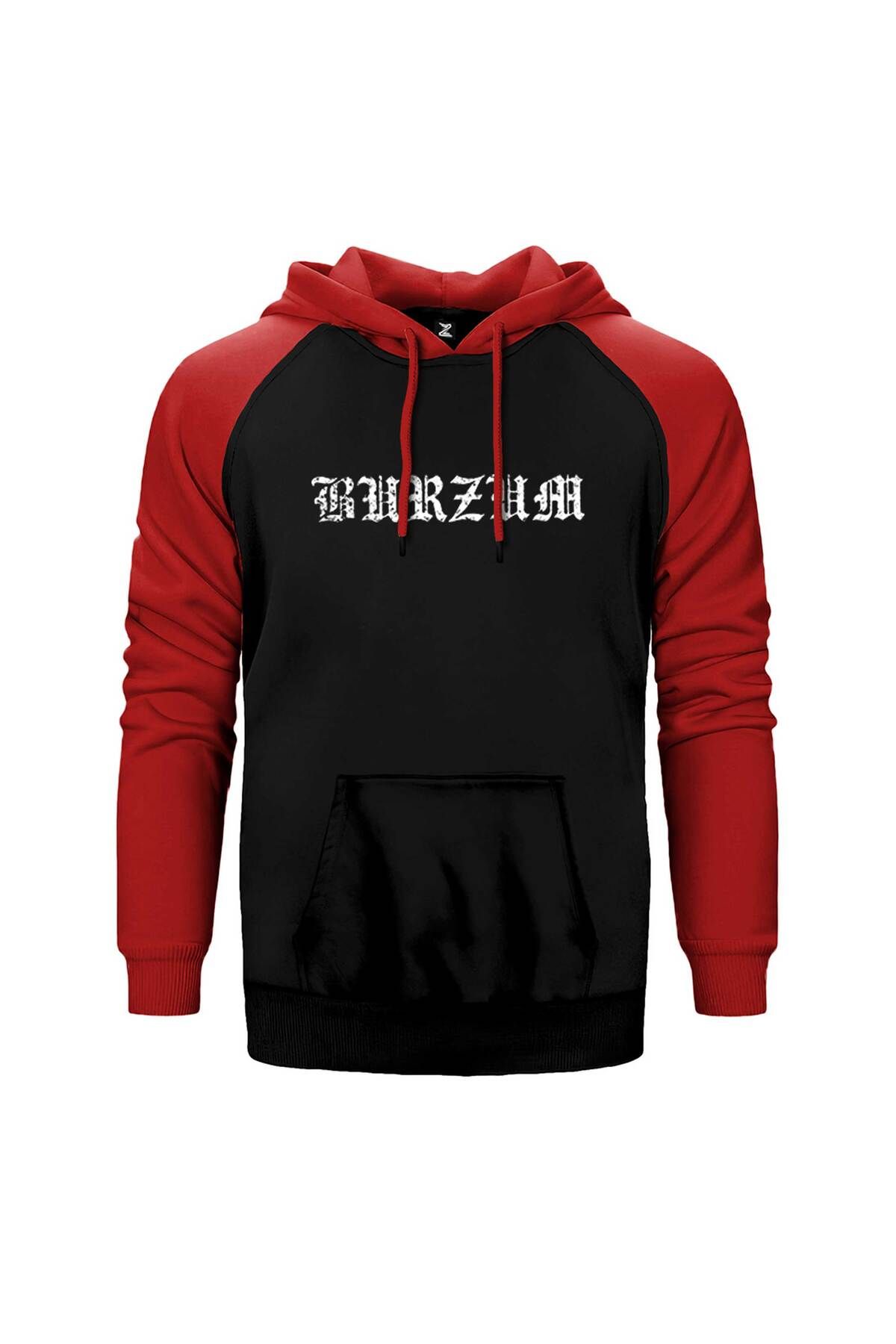 Z zepplin Burzum Logo Yazı Kırmızı Renk Reglan Kol Kapşonlu Sweatshirt