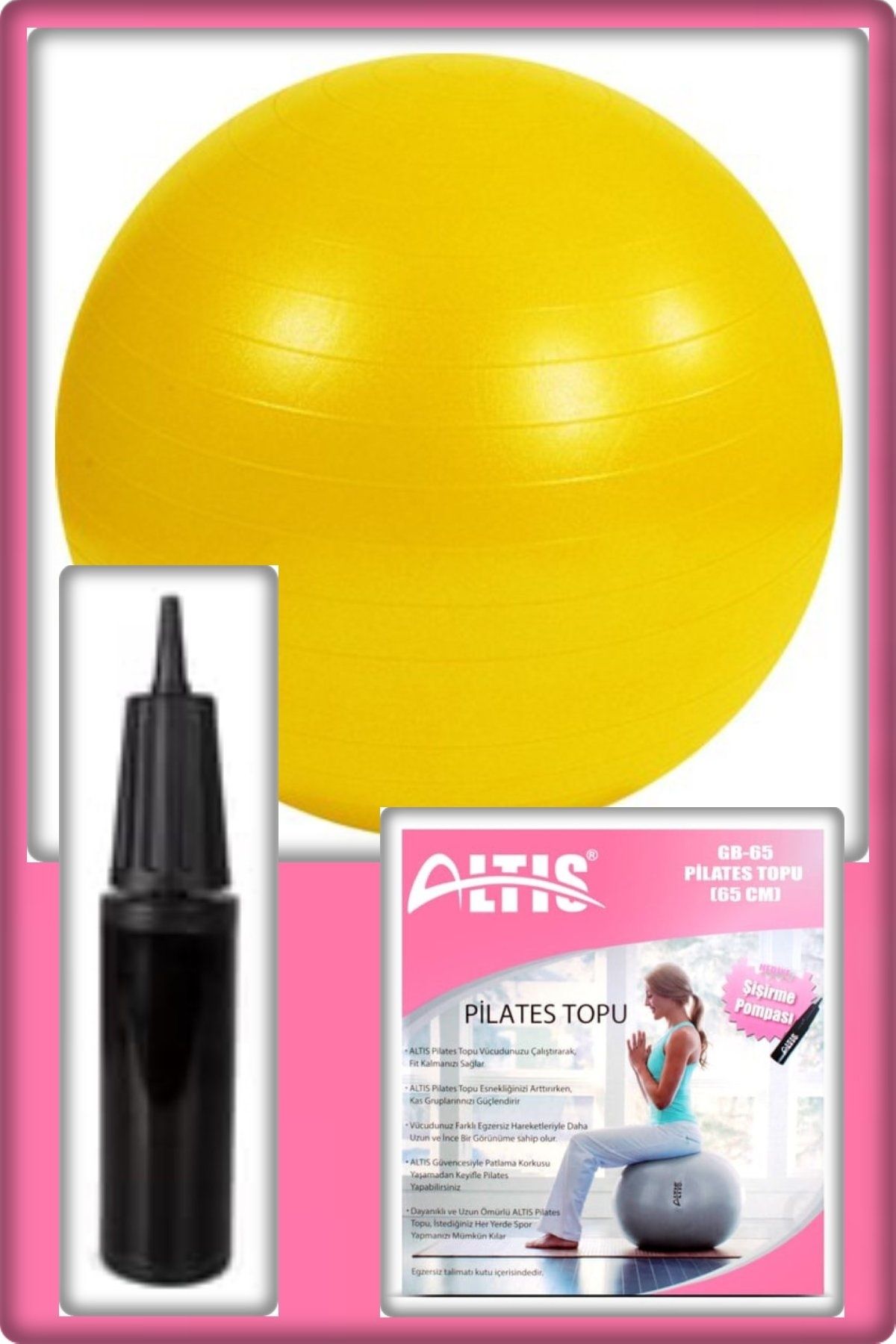 ALTIS Pilates Topu 65 Cm. Şişirme Pompası Sarı Renk (TAN EXPRESS ÜRÜNÜDÜR)