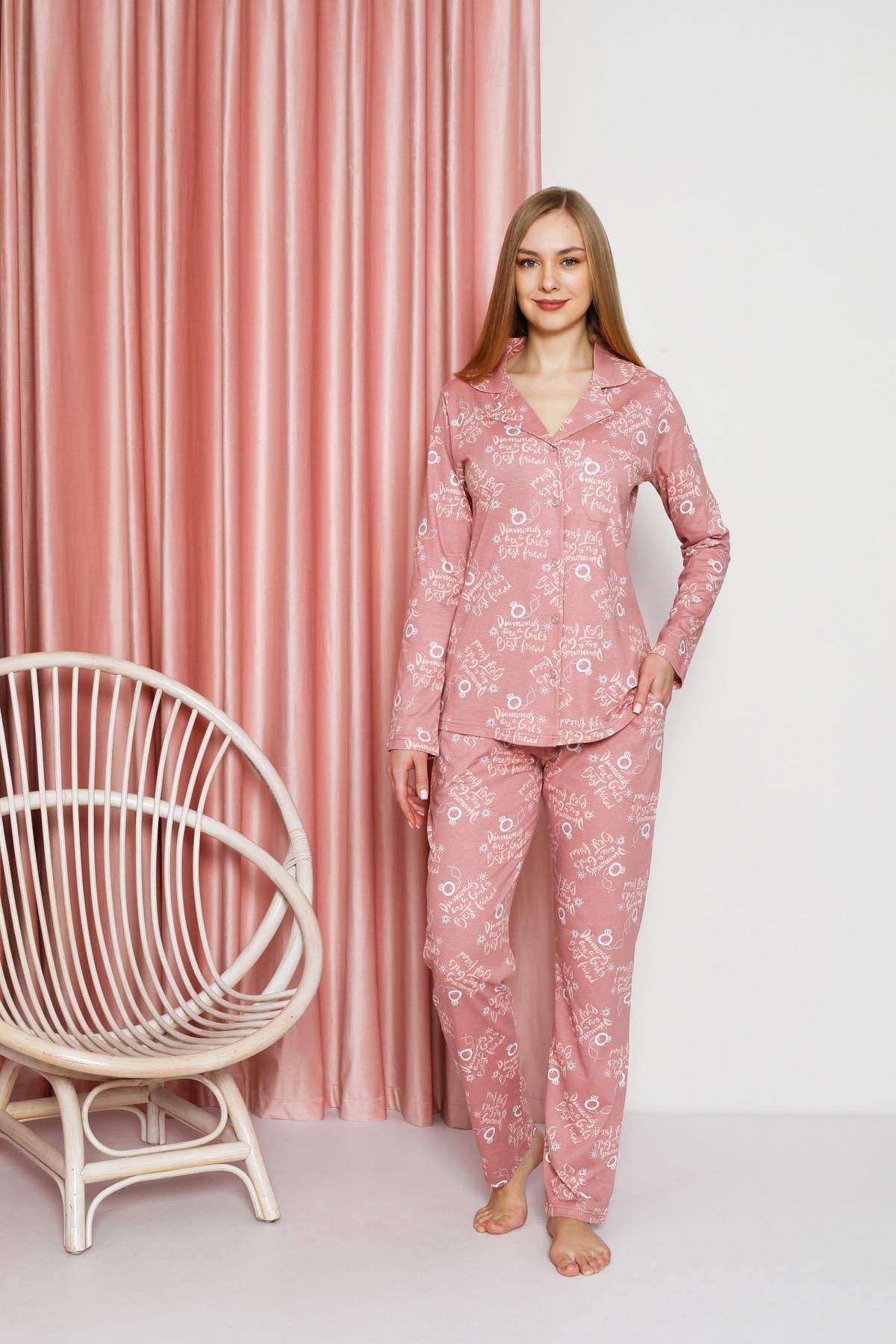 AHENGİM Kadın Pijama Takımı Süprem Uzun Kollu Boydan Düğmeli Diamond Yazılı Pamuklu Mevsimlik W20622305