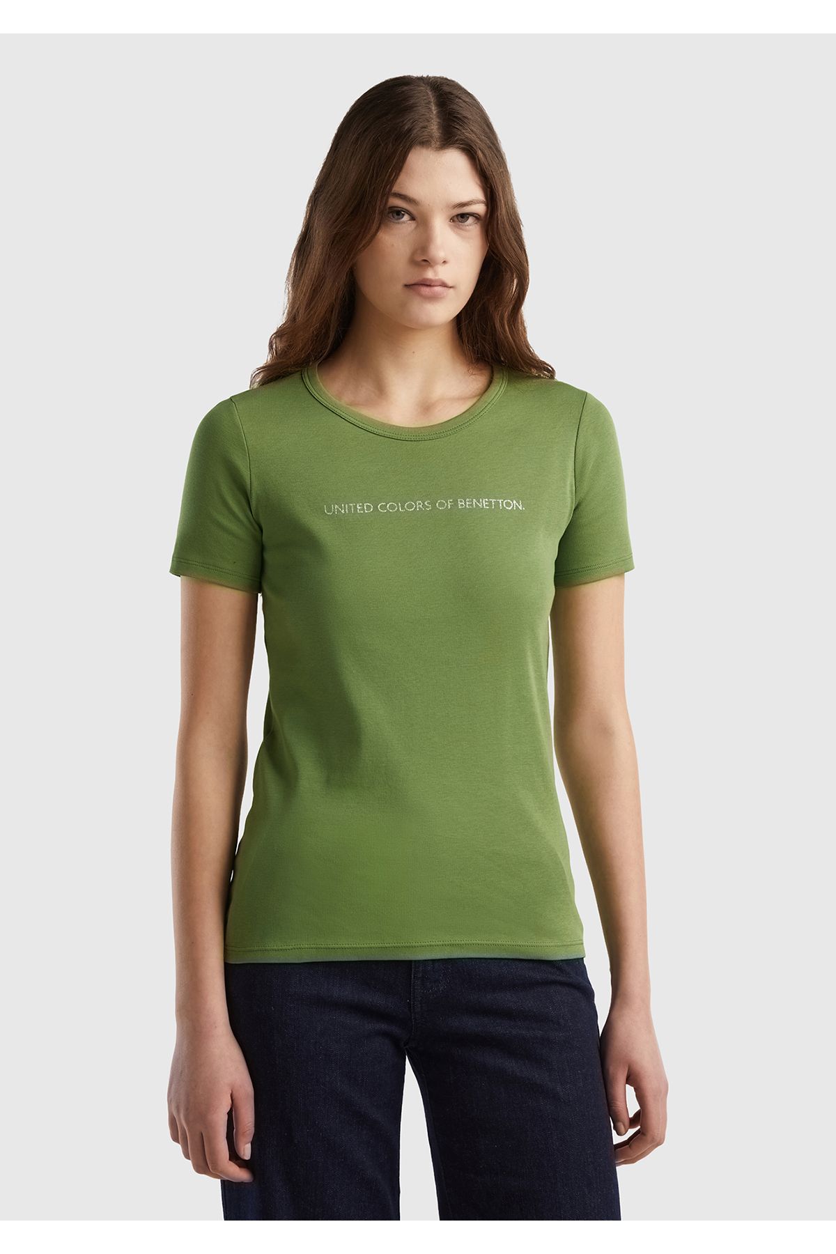 United Colors of Benetton Kadın Soluk Yeşil %100 Koton Benetton Yazılı Basic Tshirt