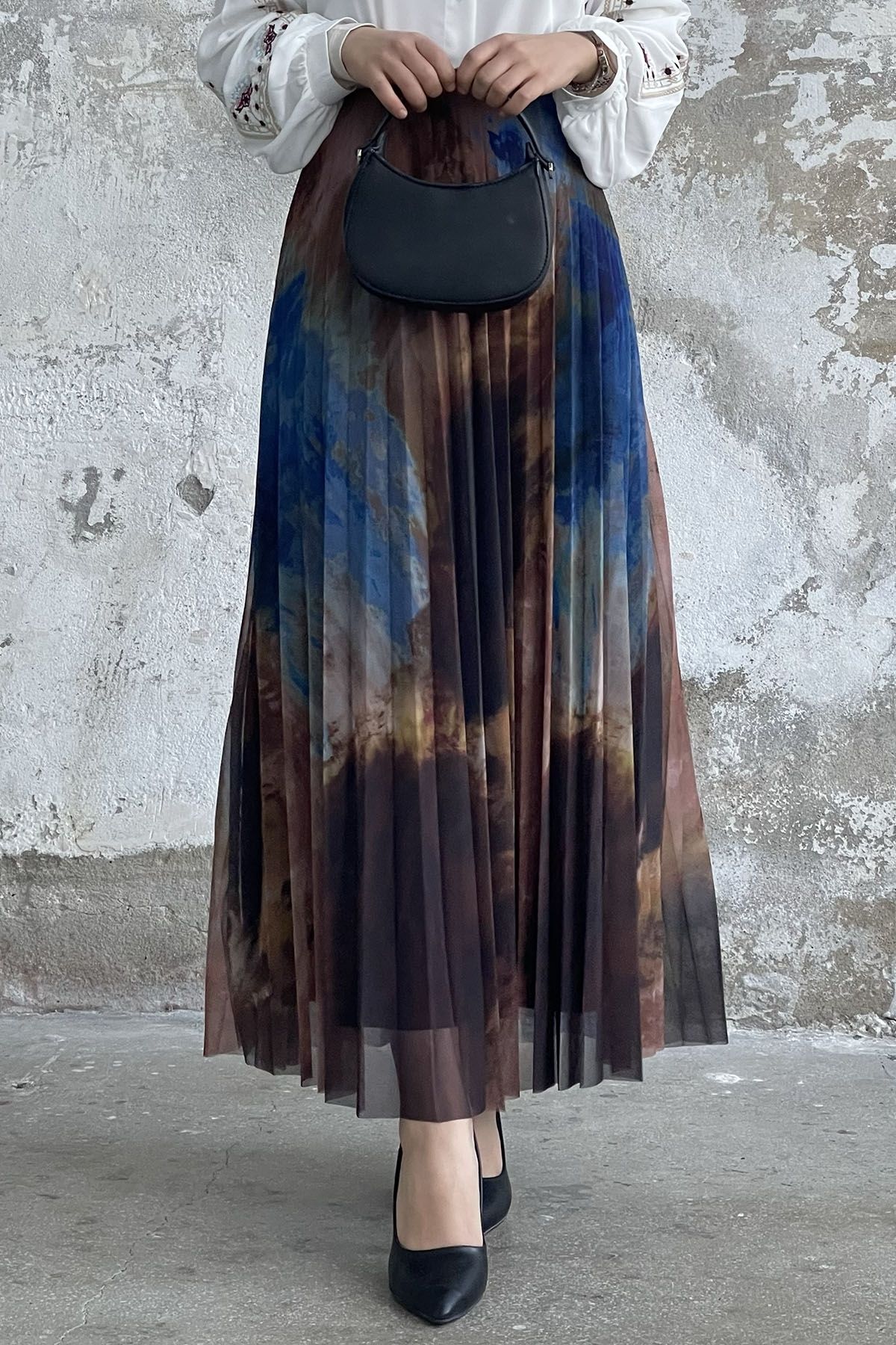 InStyle Batik Desen Astarlı Tül Etek - Mavi