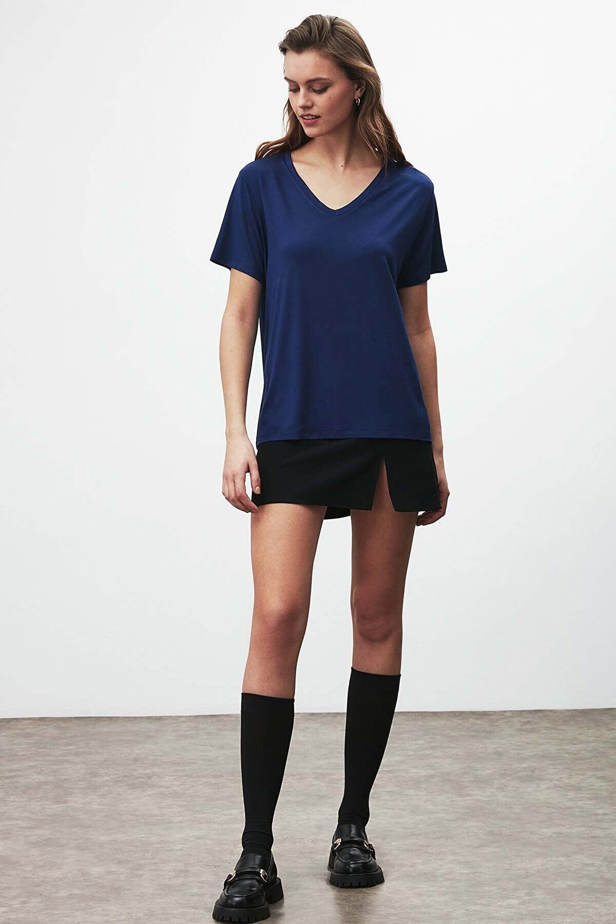 GRIMELANGE Vıolet Kadın V-yaka %100 Pamuk Basic Lacivert T-shirt