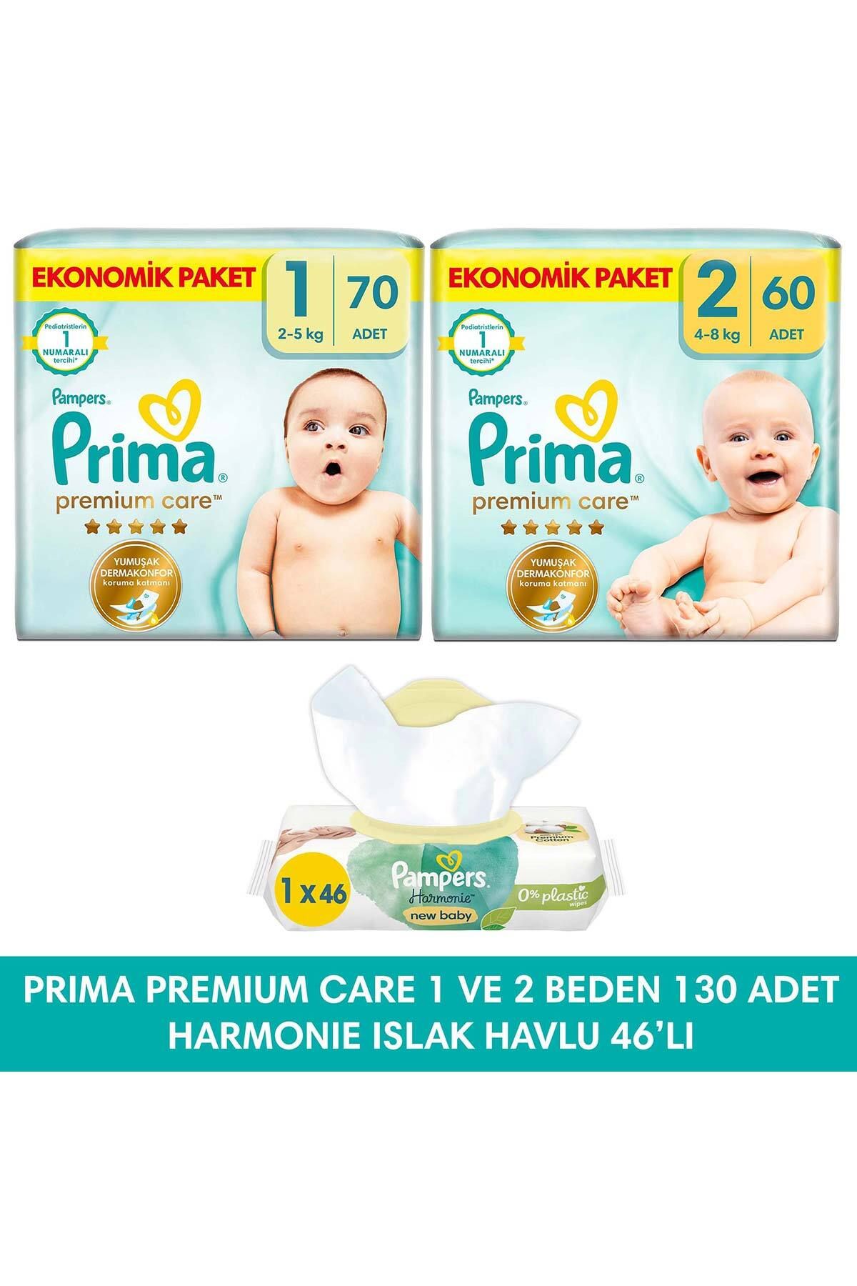 Prima Bebek Bezi Premium Care 1 Beden 70 Adet + 2 Beden 60 Adet + Aqua Yenidoğan Islak Mendil 46'lı