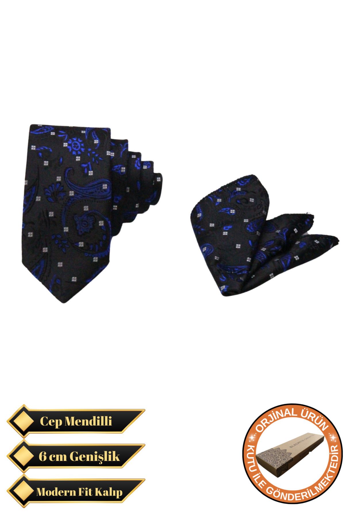 Elegante Cravatte Siyah ve Mavi Renk Şal Desen Exclusive Model Kravat ve Cep Mendili