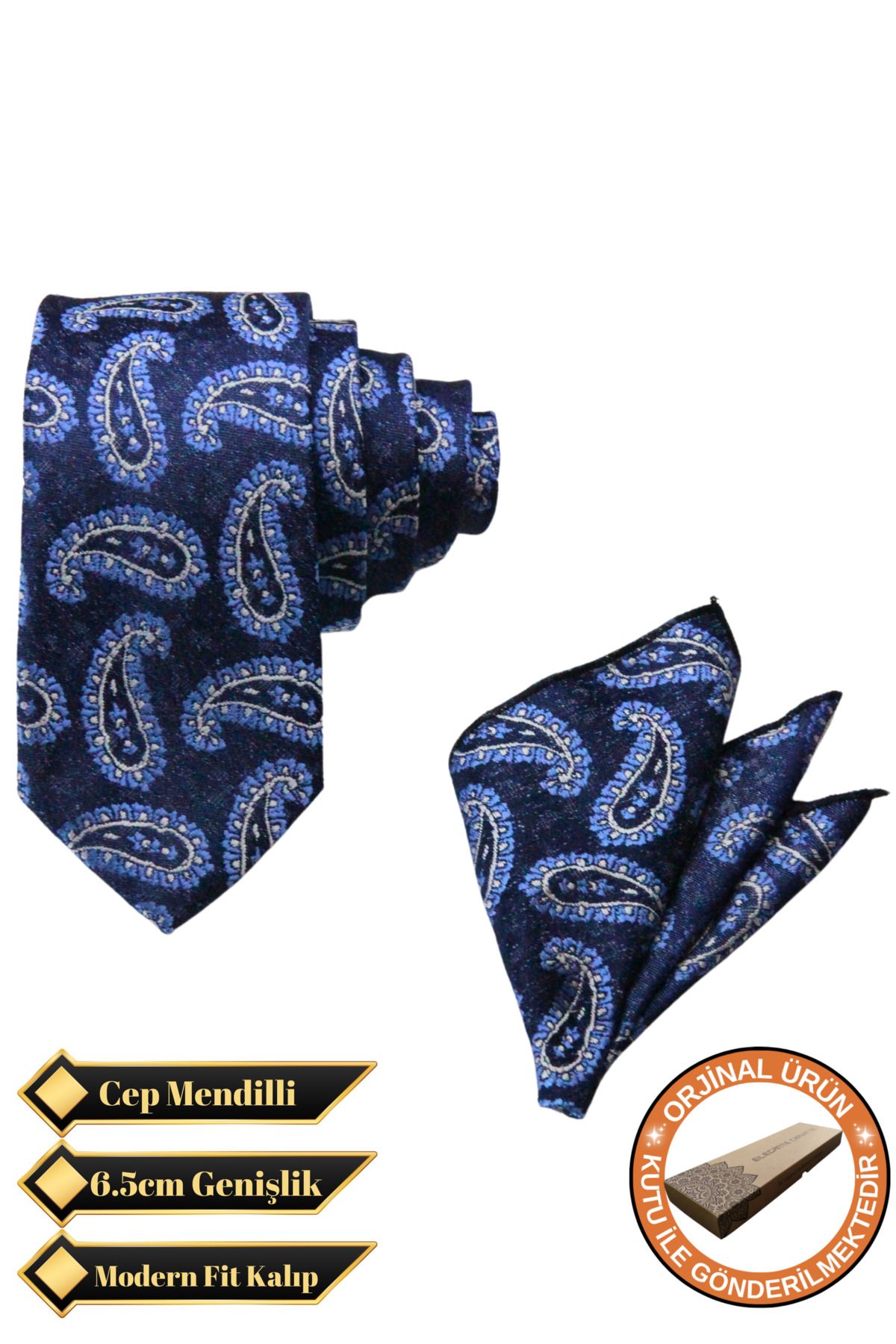Elegante Cravatte Şal Desen Exclusive Model Kravat ve Cep Mendili