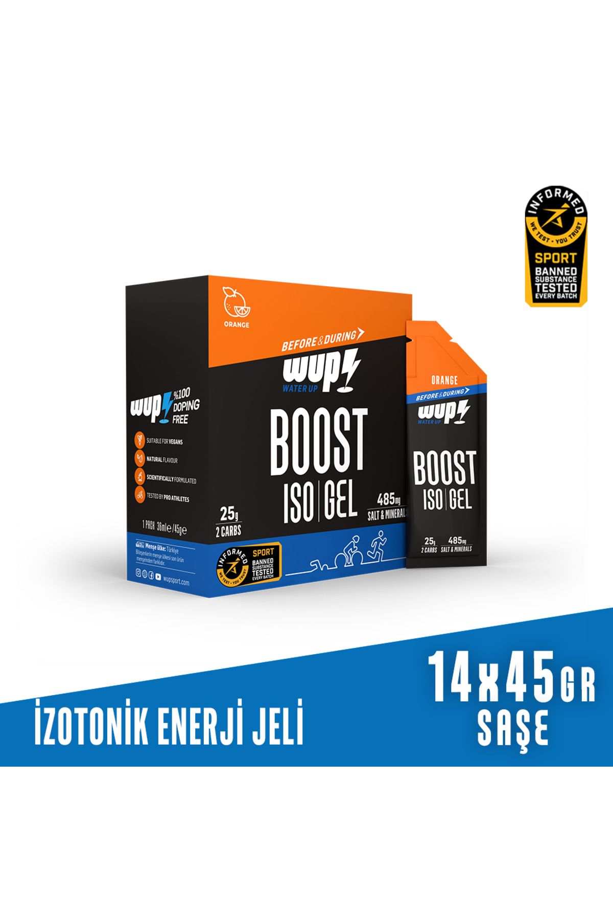 Water Up WUP Boost ISO İzotonik Enerji Jeli, Portakallı, 14 Saşe 45 gr