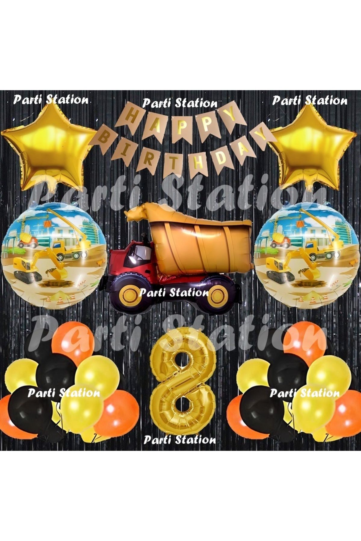 Parti Station İnşaat Konsept Kamyon Balon Set 8 Yaş Siyah İnşaat Tema Kamyon Doğum Günü Balon Set