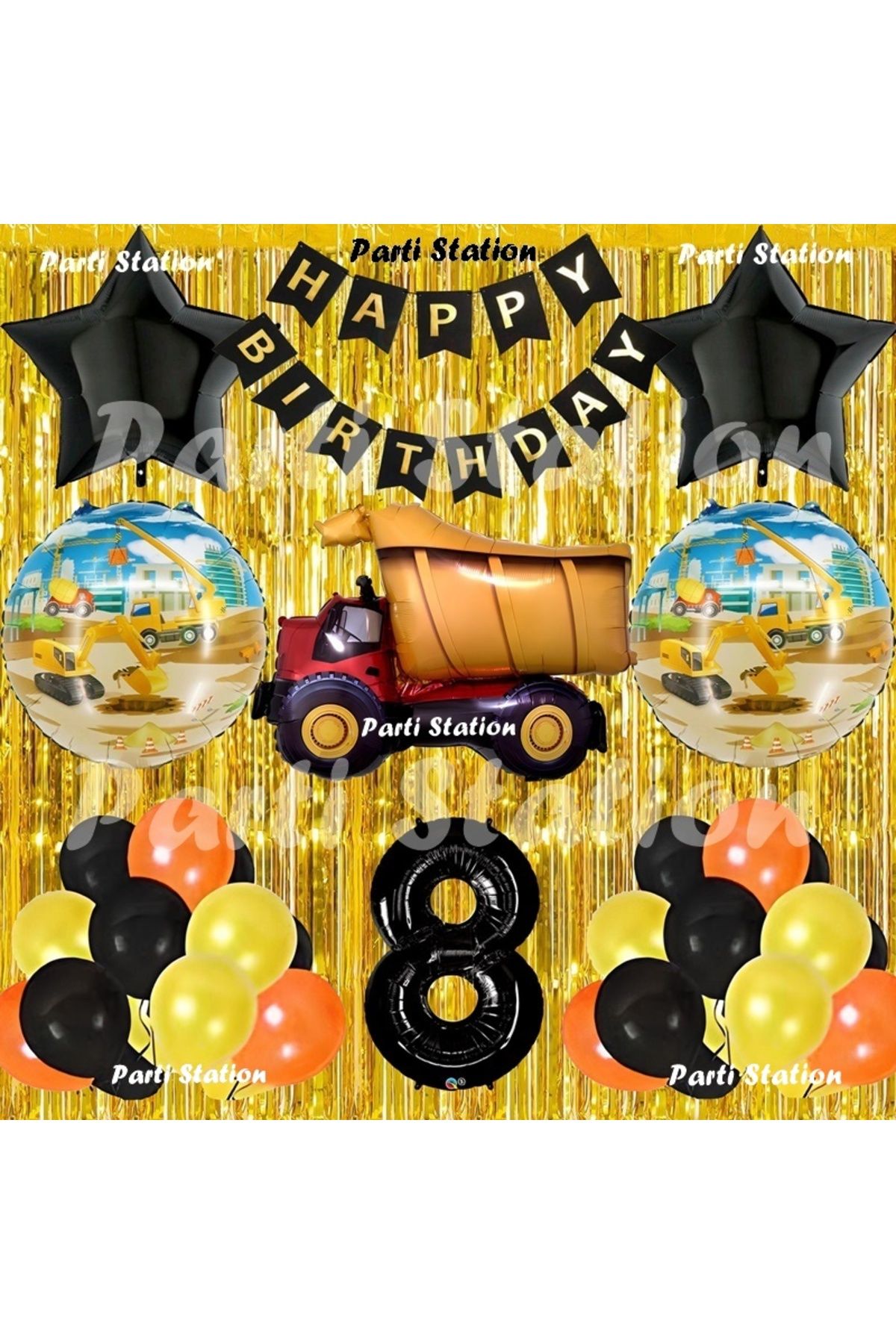 Parti Station İnşaat Konsept Kamyon Balon Set 8 Yaş Sarı Siyah İnşaat Tema Kamyon Doğum Günü Balon Set