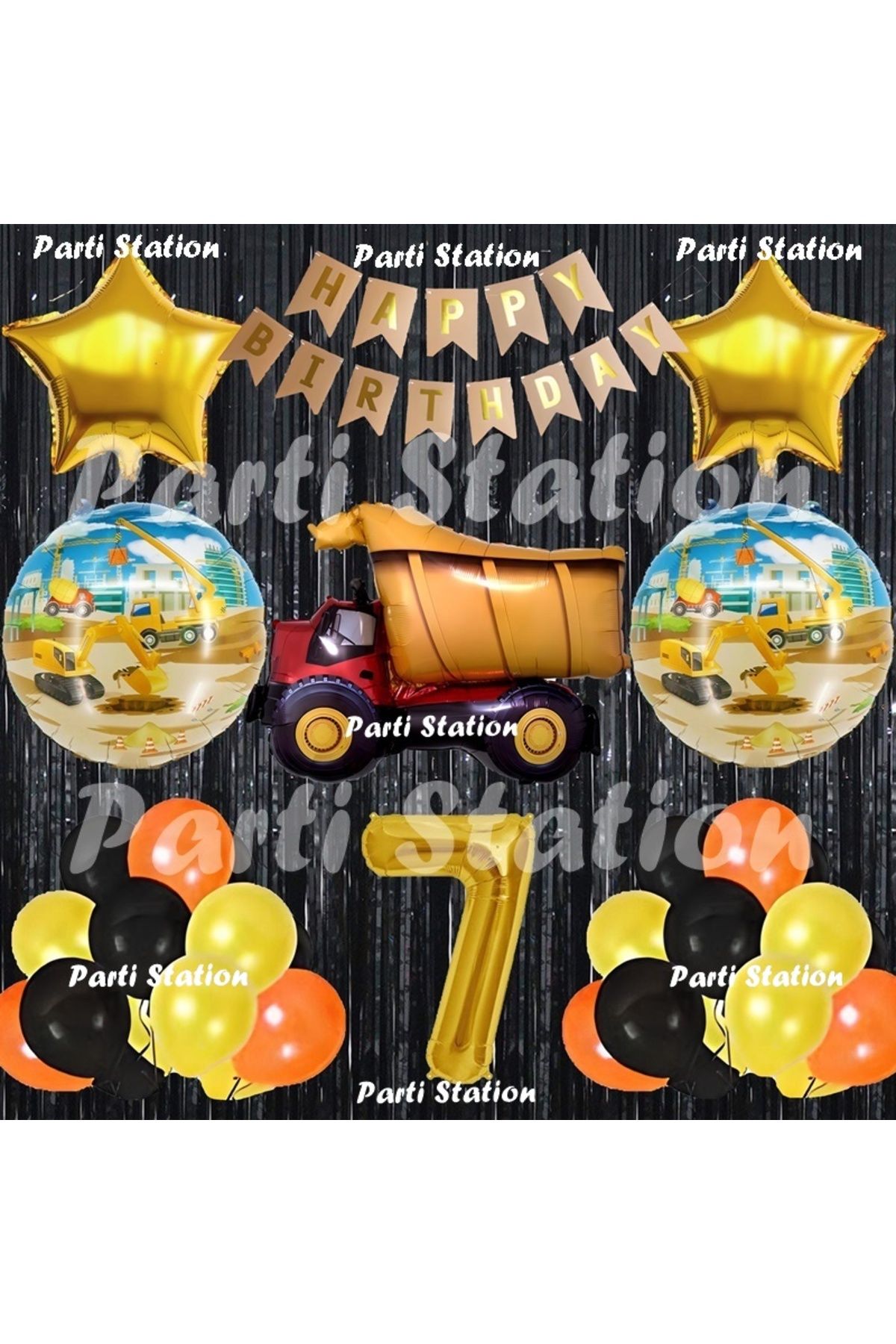 Parti Station İnşaat Konsept Kamyon Balon Set 7 Yaş Siyah İnşaat Tema Kamyon Doğum Günü Balon Set