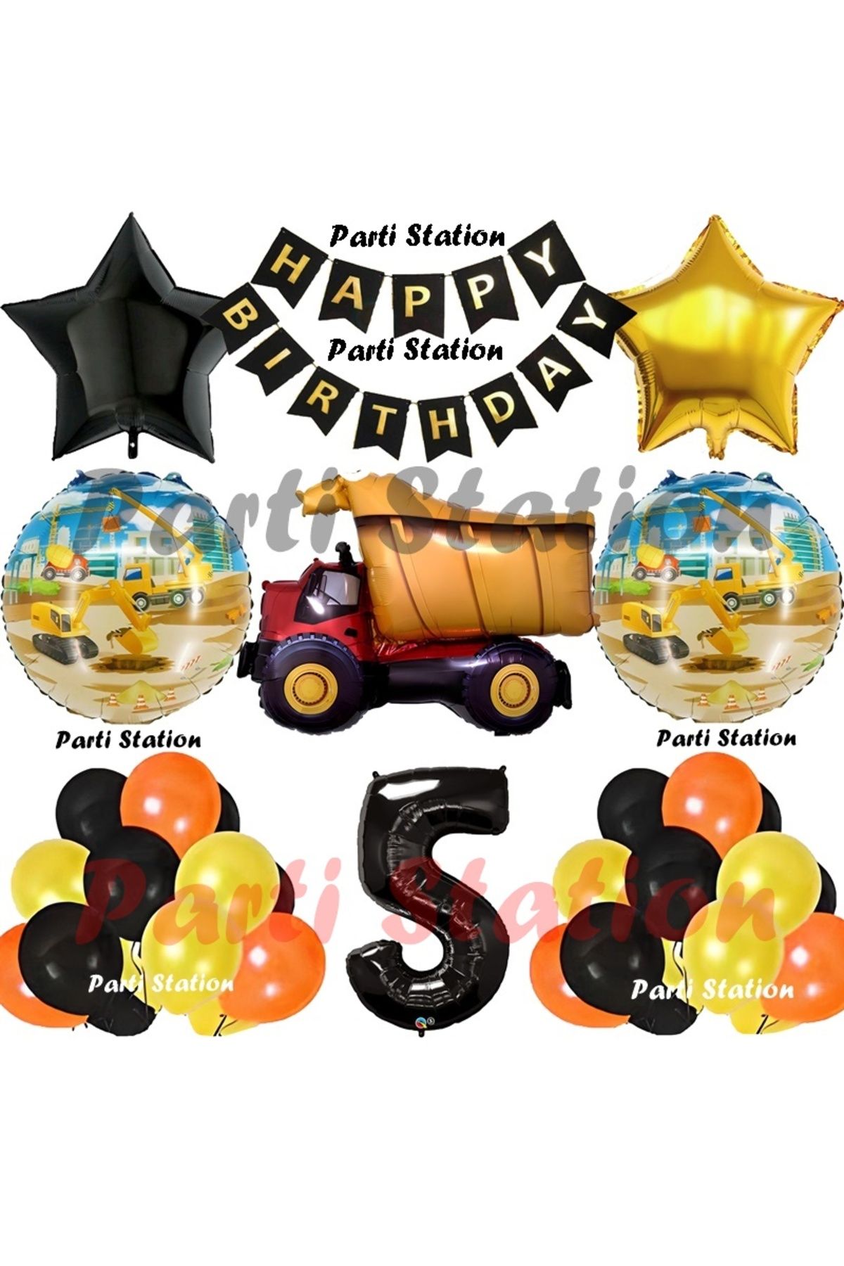 Parti Station İnşaat Konsept Kamyon Balon Set 5 Yaş İnşaat Tema Kamyon Tema Doğum Günü Balon Set