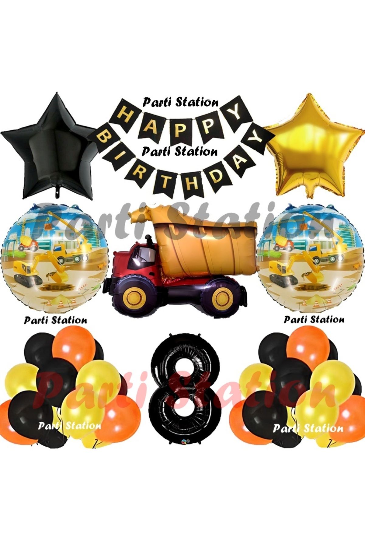 Parti Station İnşaat Konsept Kamyon Balon Set 8 Yaş İnşaat Tema Kamyon Tema Doğum Günü Balon Set