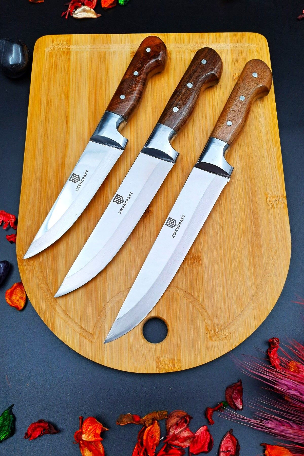 SWENCRAFT 4 Lü Set Bambu Kesme Tahtası & Sürmene Ahşap Sap Mutfak Bıçağı Et Kurban Sebze Ekmek Bıçağı