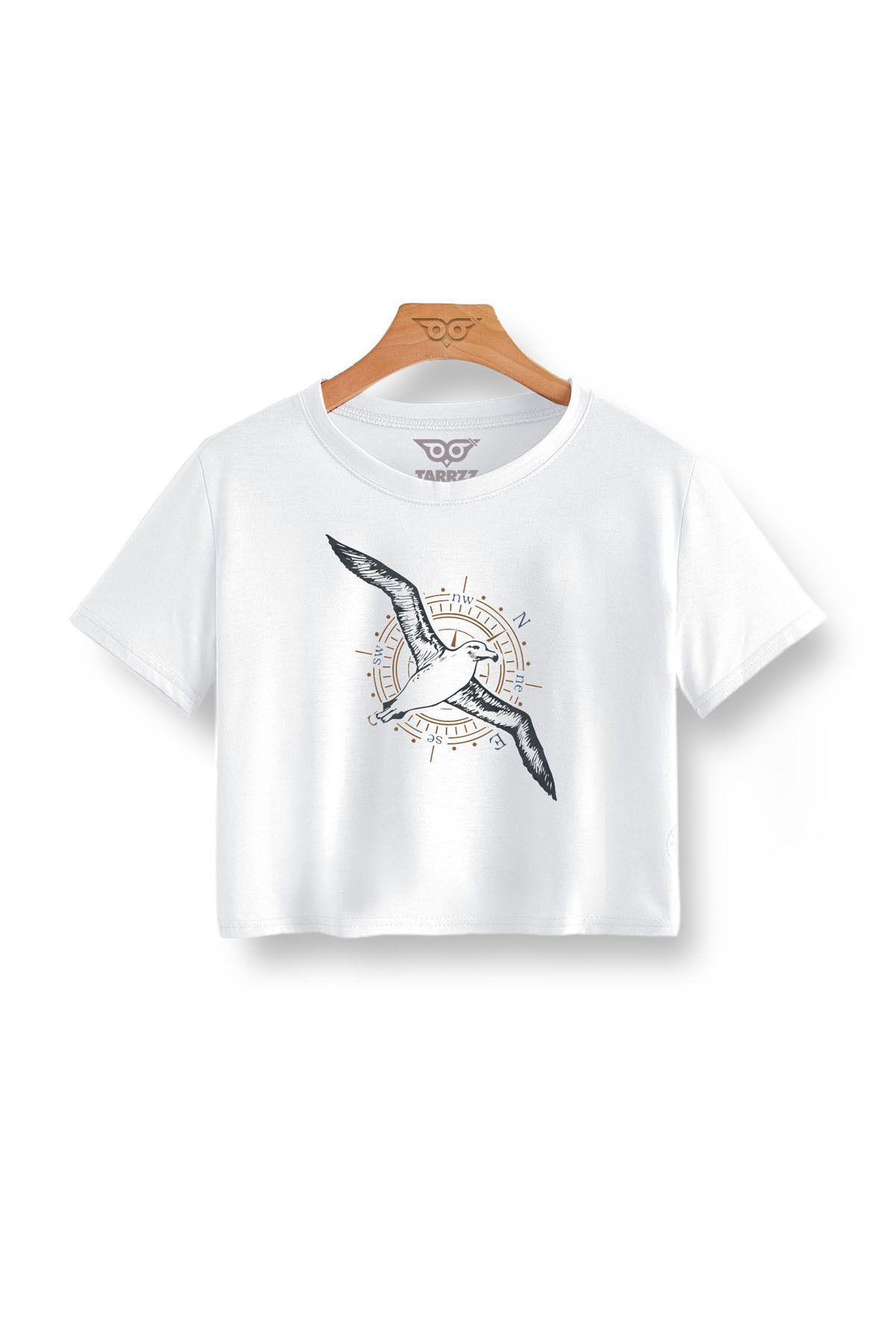 Tarrzzcom Albatros Tasarım Crop Tişört Kısa Kollu Bisiklet Yaka Pamuklu Baskılı Crop Top T-shirt