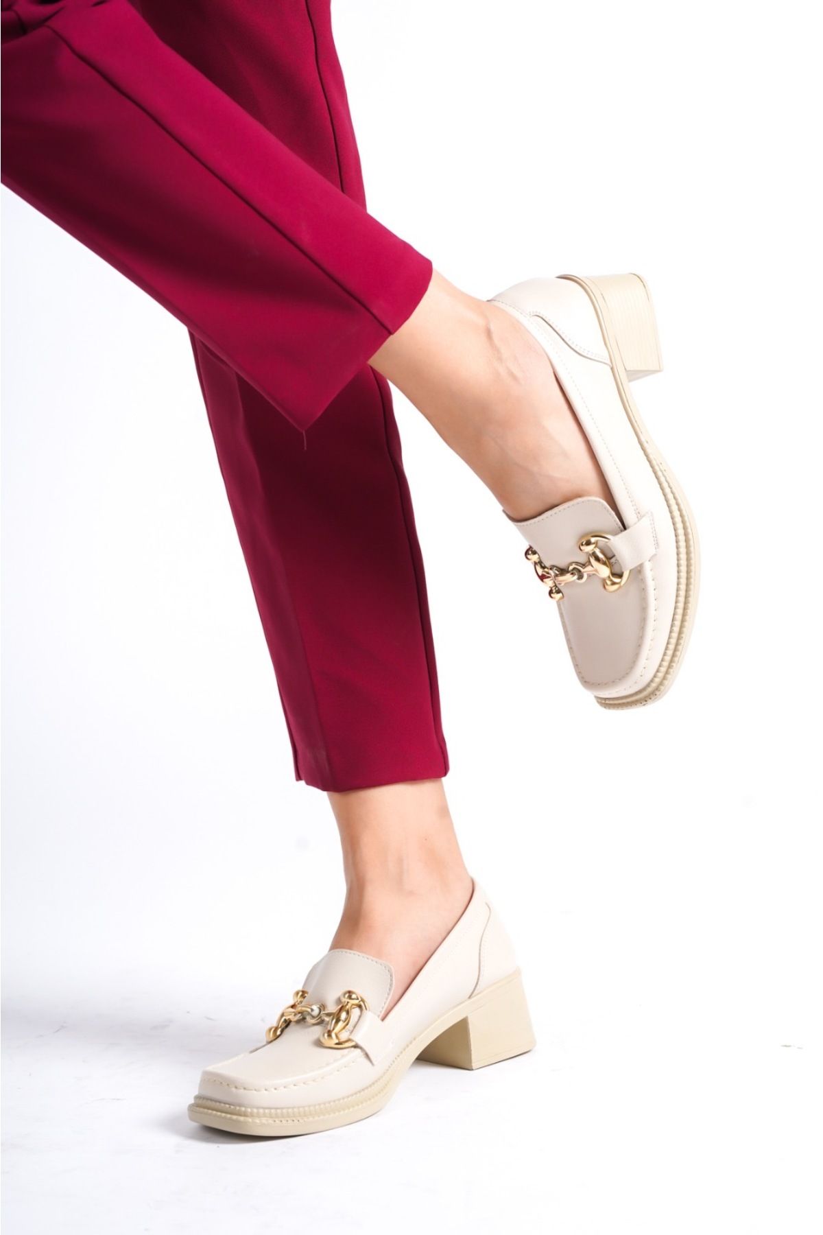 simplicity Kadın Krem Cilt Tokalı Loafer Günlük Ayakkabı