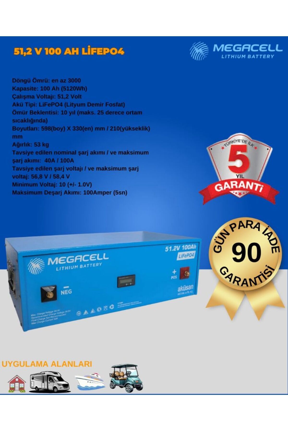Megacell 51,2V 100Ah LiFePO4 Lityum Demir Fosfat Akü