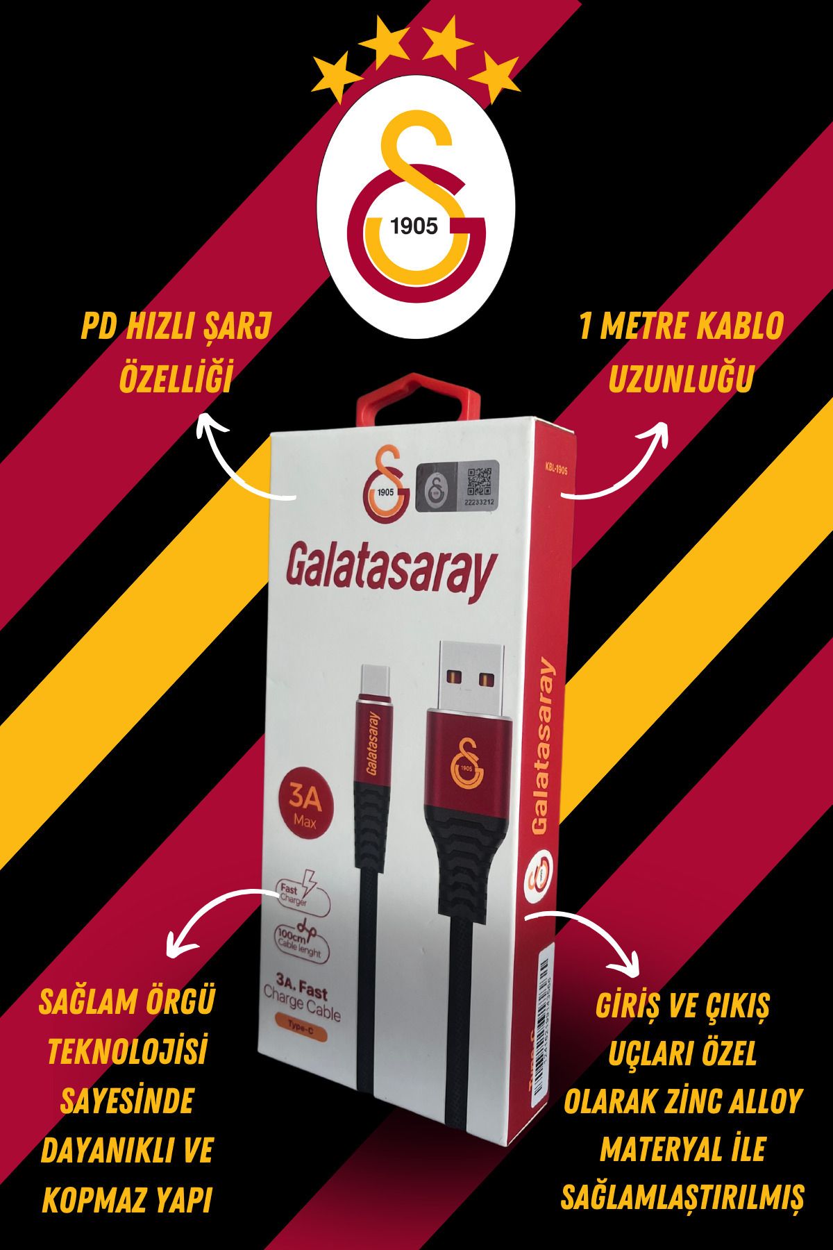 Galatasaray Lisanslı (Micro USB, Type C, Lightning) 1 Metre Şarj Kablosu