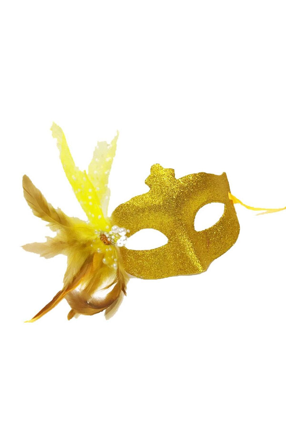 Angel Of Life Sim Işlemeli Inci Boncuk Detaylı Tüylü Balo Maskesi Altın Renk 13x18 Cm