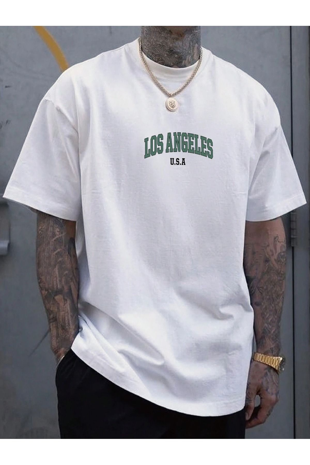 Cool Art Los Angeles U.S.A Tişört - Beyaz Baskılı Oversize Yazlık Kısa Kol T-Shirt Bisiklet Yaka