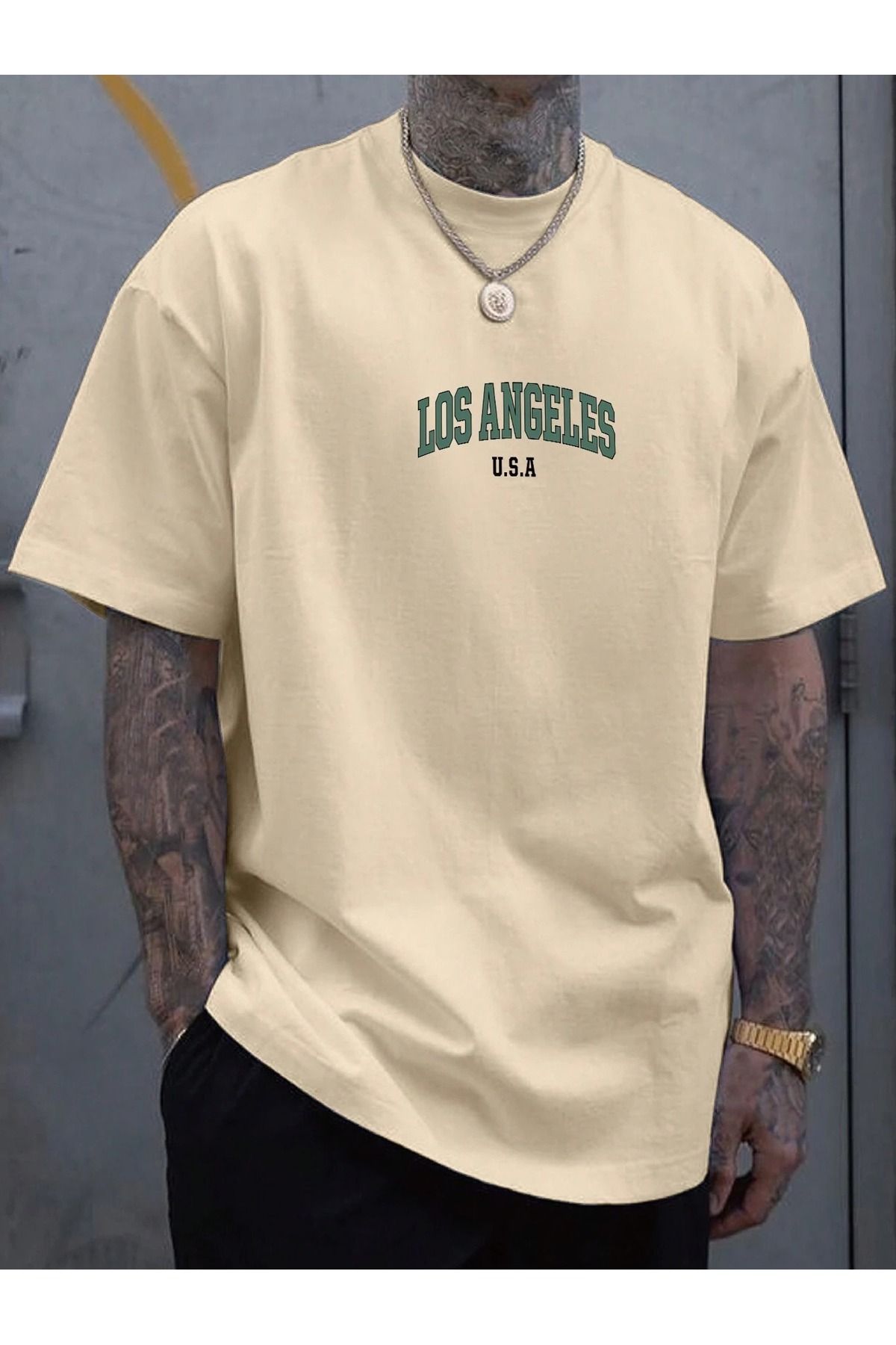 Cool Art Los Angeles U.S.A Tişört - Bej Baskılı Oversize Yazlık Kısa Kol T-Shirt Bisiklet Yaka