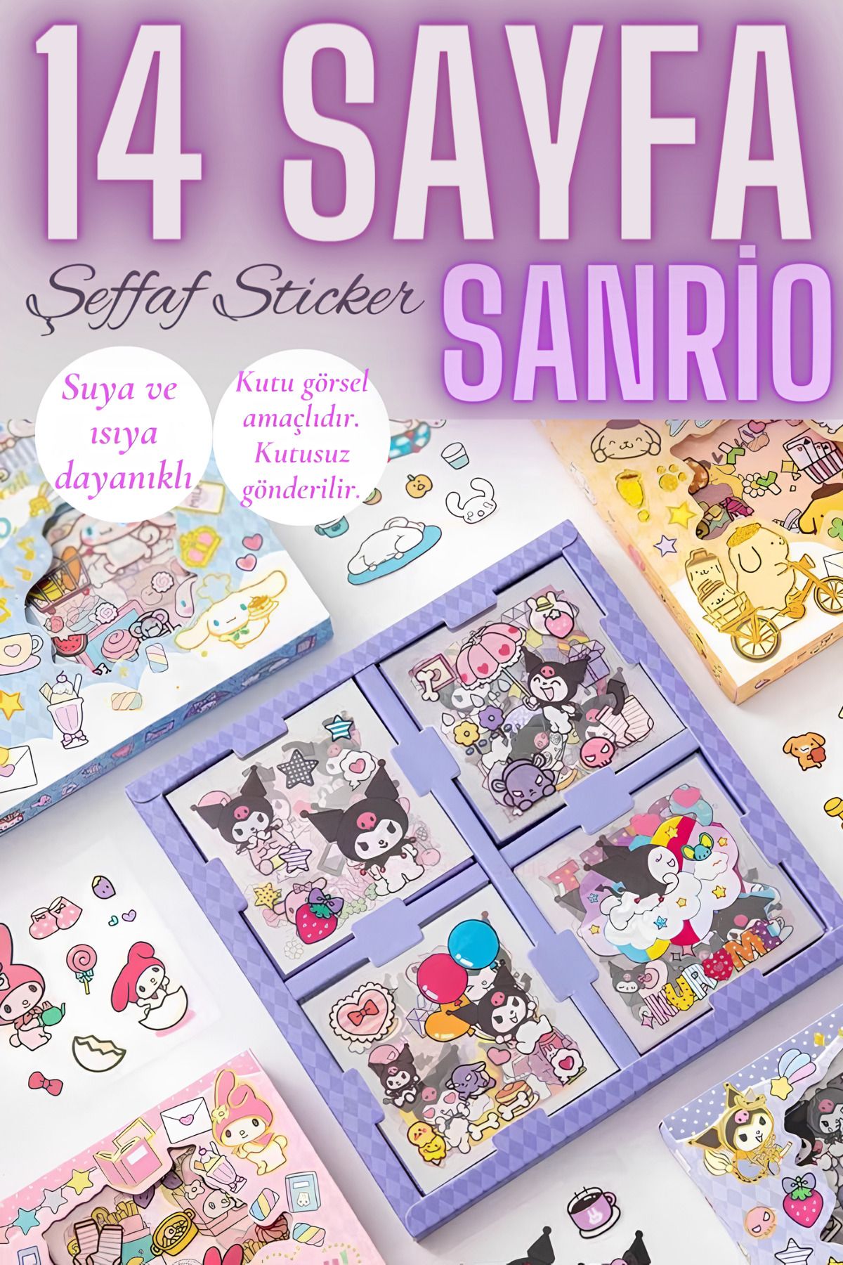 sanatıbedi 14 Sayfa Şeffaf Kuromi Sanrio Su Geçirmez Sticker - My Melody Hello Kitty Cinnamoroll Etiket Seti