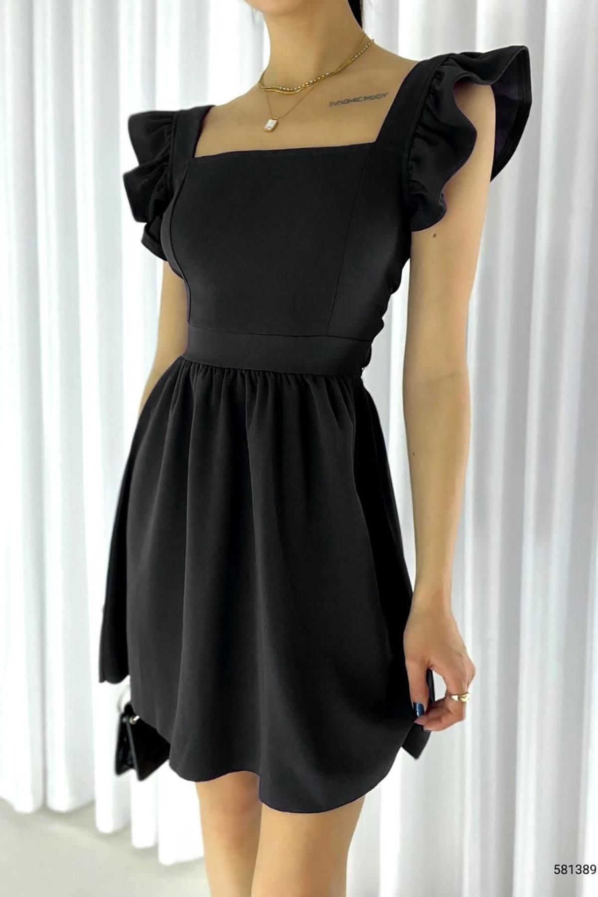 Deafox Siyah Omuz Volanlı Sırt Bağlama Detay Ithal Krep Kumaş Elbise