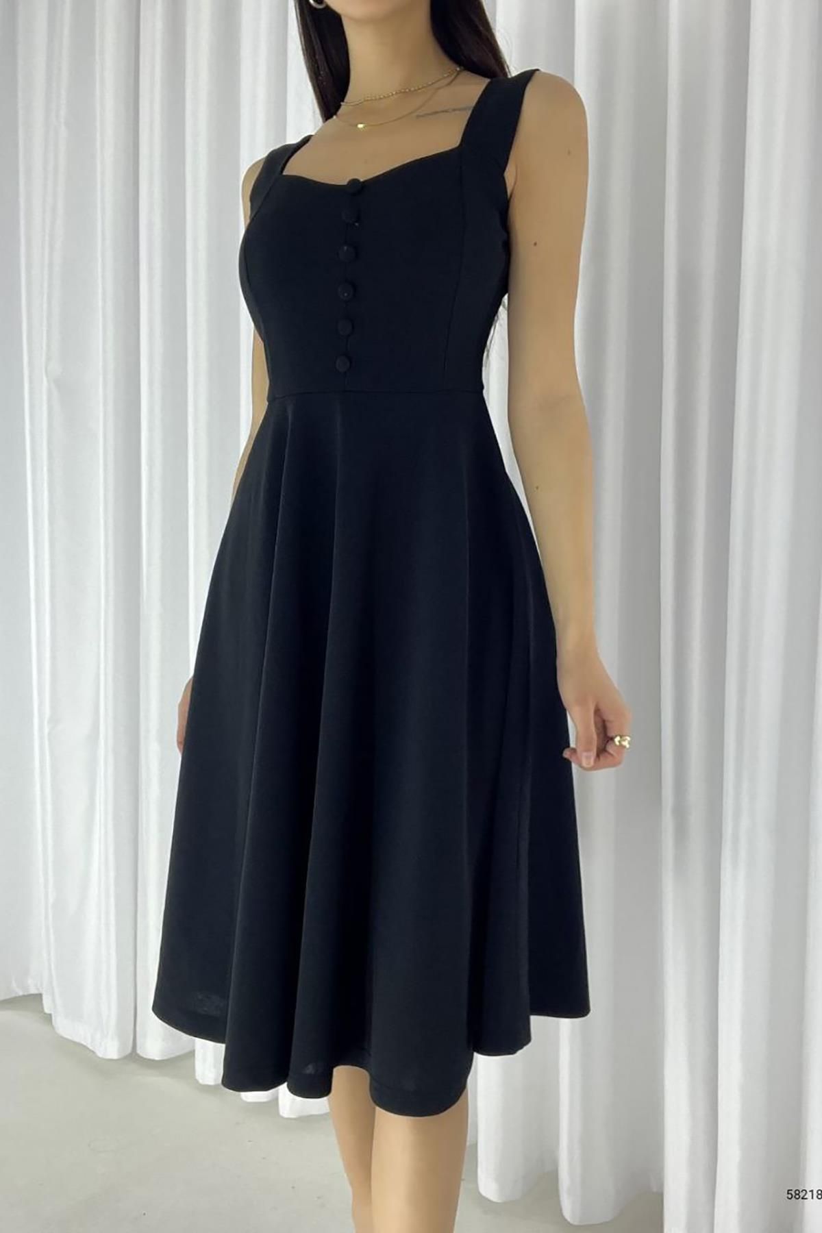 Deafox Siyah Ithal Krep Kumaş Kalın Askılı Düğme Detaylı Elbise
