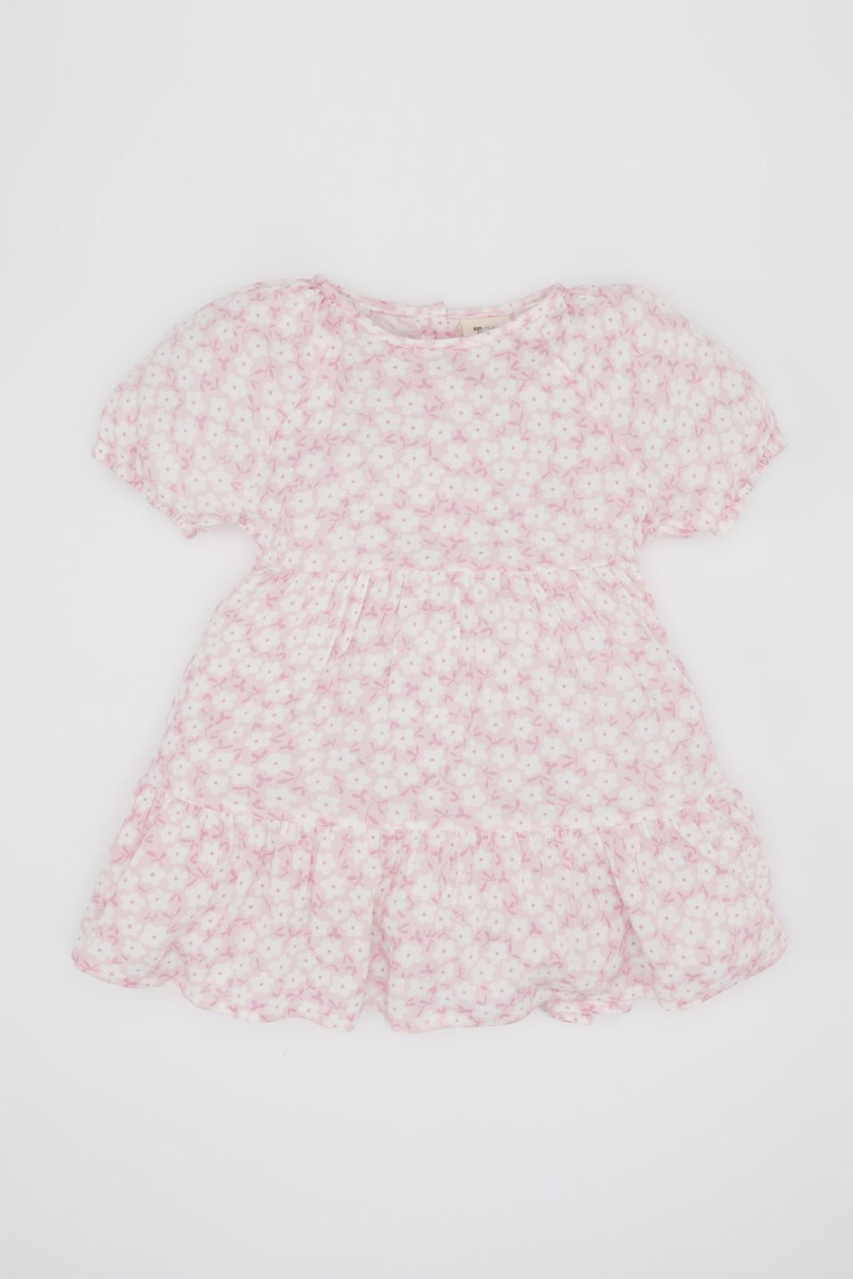 Defacto Kız Bebek Çiçekli Kısa Kollu Krinkıl Kumaş Elbise C2193A524SM