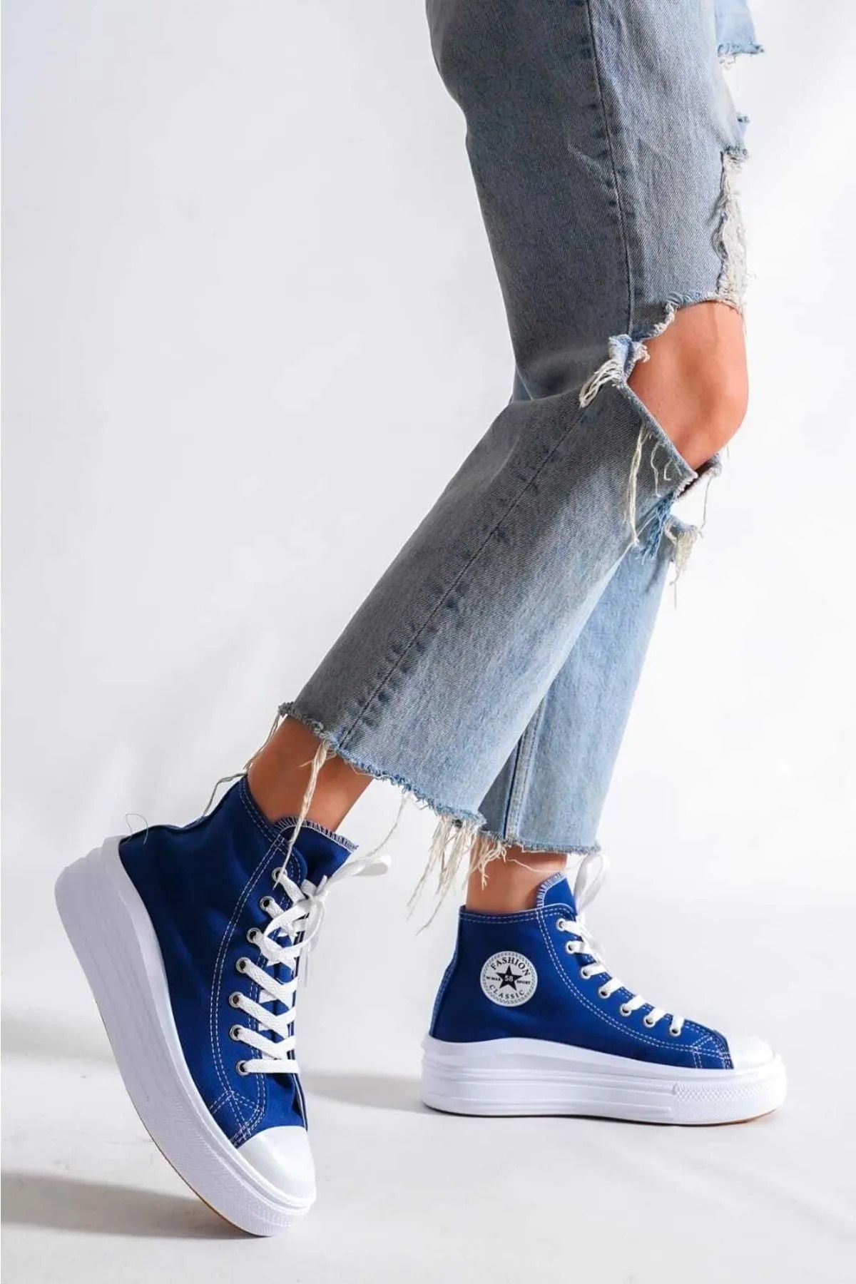 ripuvainen Lofty Kadın Lacivert Rahat Keten Bilekli Günlük Spor Kalın Tabanlı -5cm- Bağcıklı Sneaker Ayakkabı