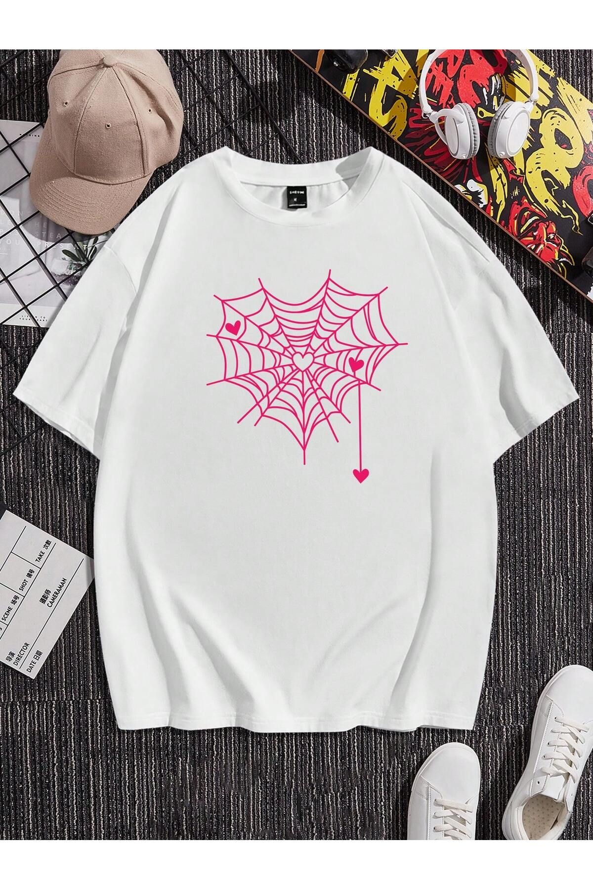 Jose Clothing Unisex Beyaz Örümcek Ağı Baskılı Organik Pamuk Oversize Kesim Kısa Kollu T-shirt