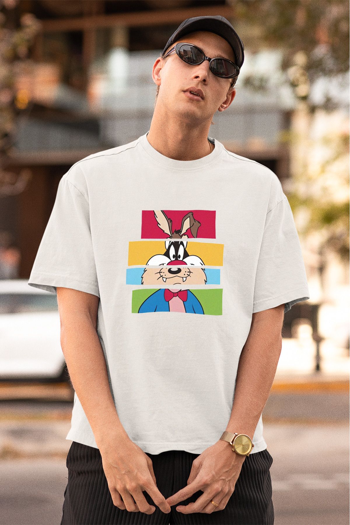 dexerwear Bugs Bunny Tazmanya Canavarı Sylvester Baskılı Beyaz Oversize Unisex Tshirt
