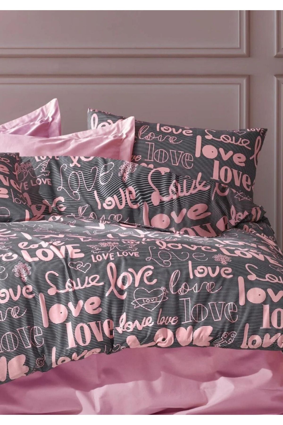 Sheri Home Tekstil Pink Love Çift Kişilik Cift Taraflı  Nevresim Takımı(ÇARŞAFLI)YENİLoveÇift889488