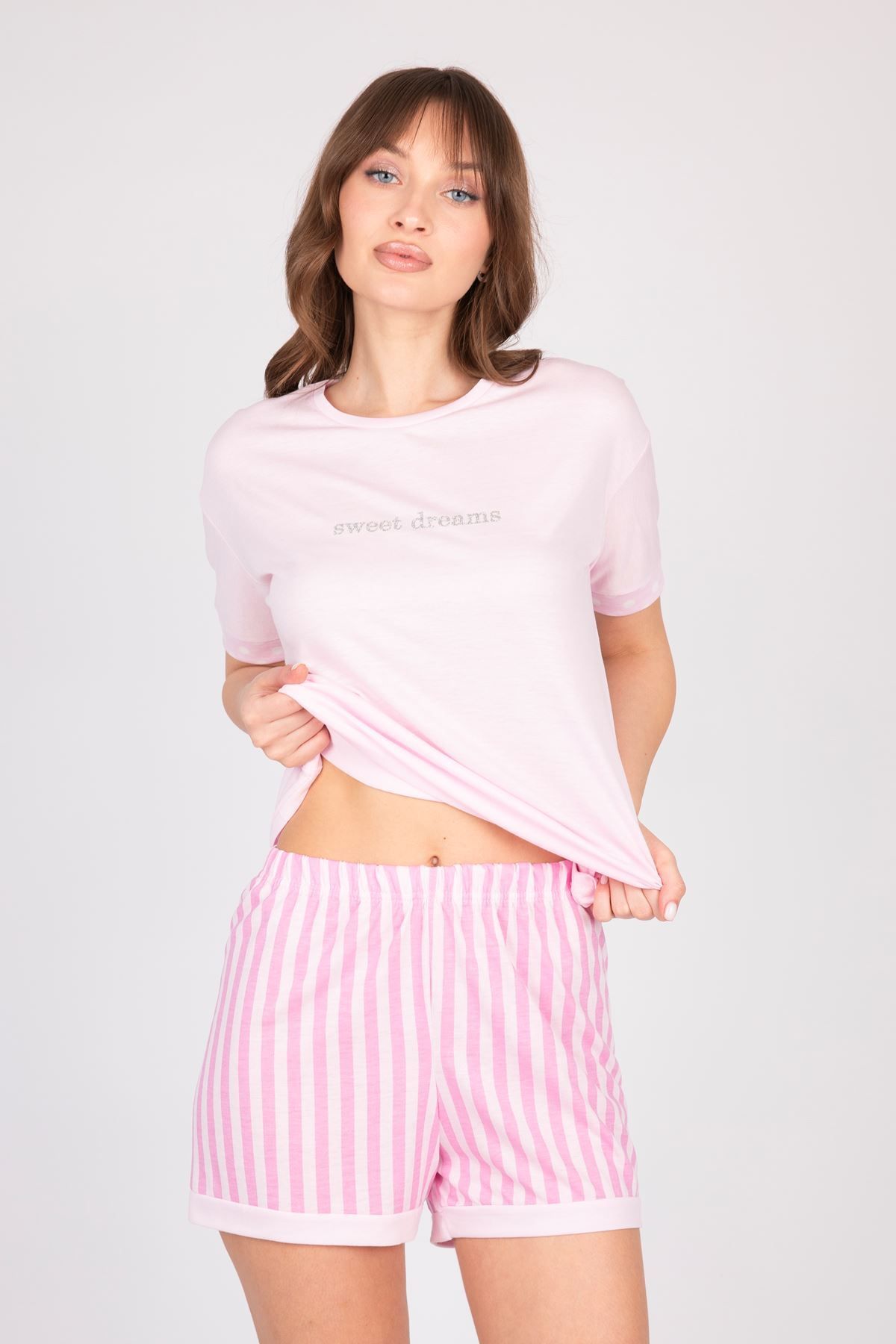 Burcumay Kadın Taş Detaylı Pembe Şortlu Yazlık Pijama Takımı