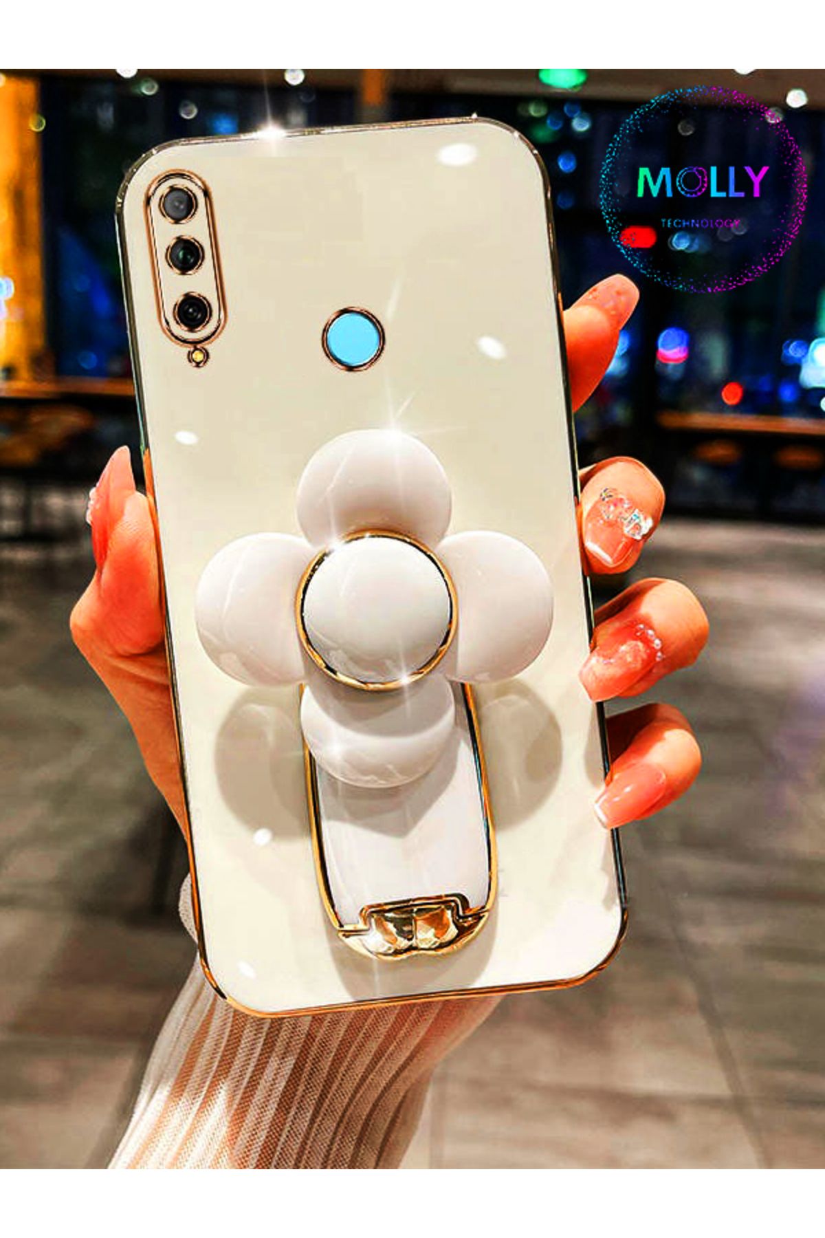 Molly Huawei Y9 PRİME 2019 İçin İnci Beyazı Şans Yoncası Standlı Kenarları Gold Detaylı Lüks Silikon Kılıf