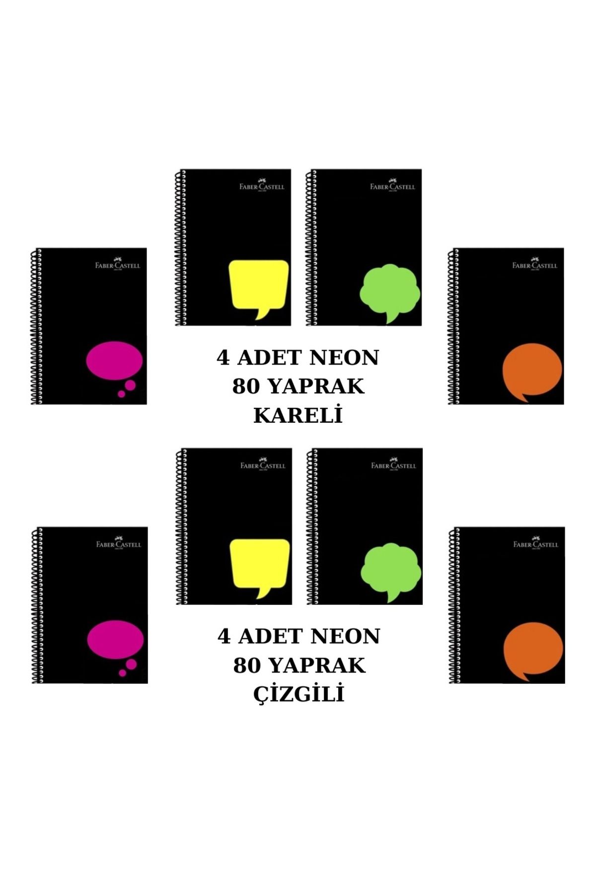 Faber Castell Spiralli Plastik Kapak Neon 80 Yaprak 8'li Defter Seti (4 Adet Çizgili -4 Adet Kareli)