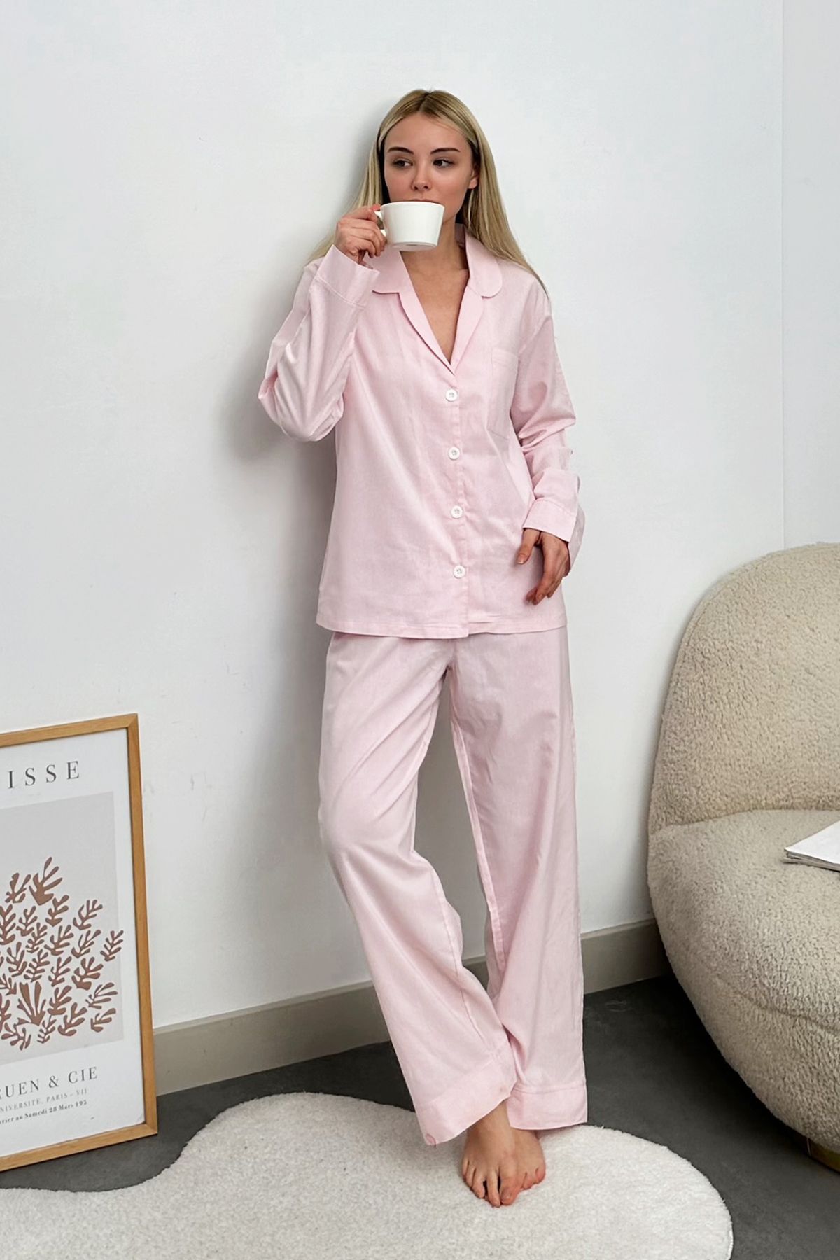 Trend Alaçatı Stili Kadın Toz Pembe Tek Cepli Dokuma Pijama Takım Alc-X11661