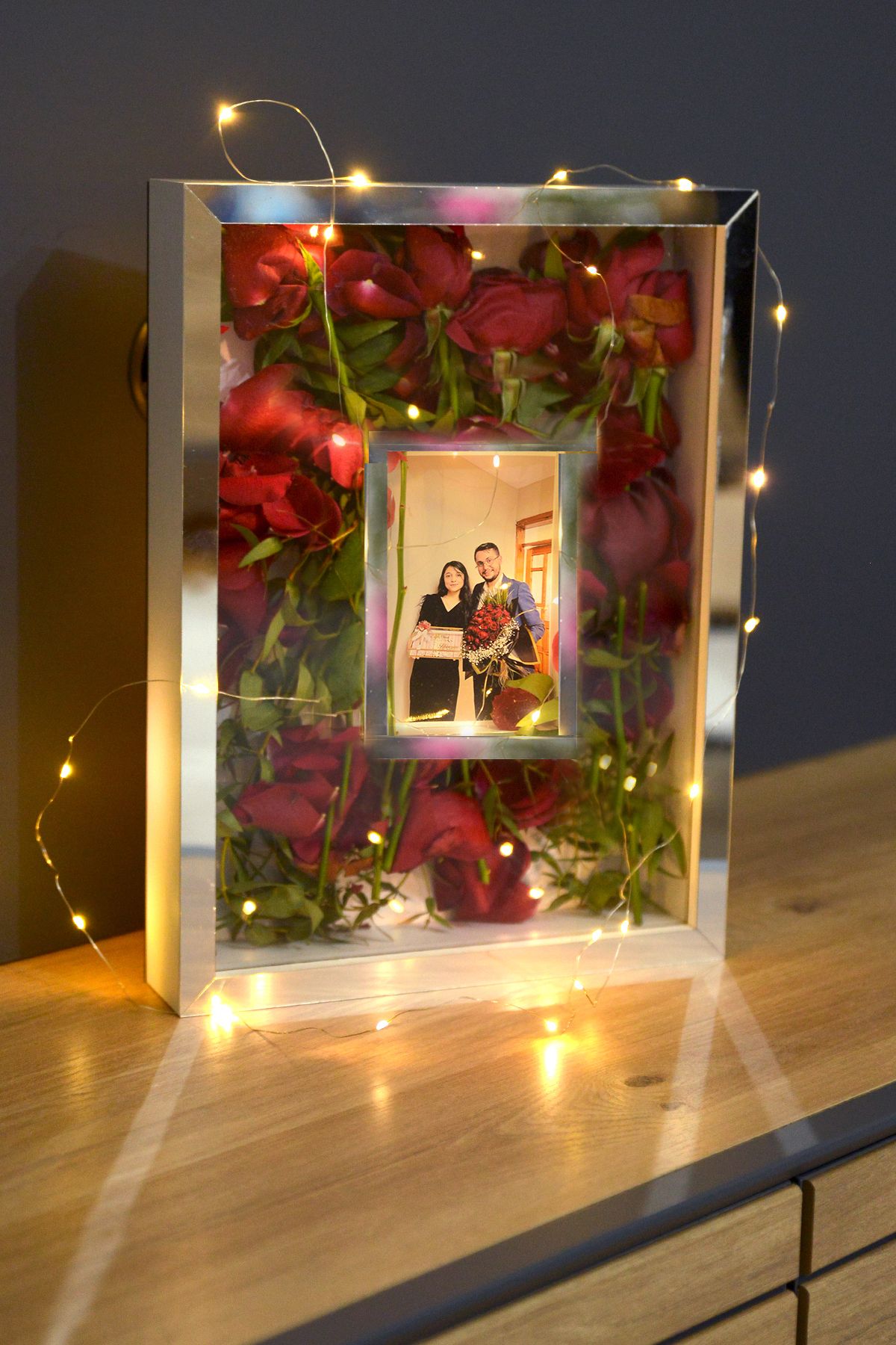 Anısepeti Led Işıklı Gül Kutusu Çiçek Çerçevesi Anı Kutusu Aynalı Çerçeve