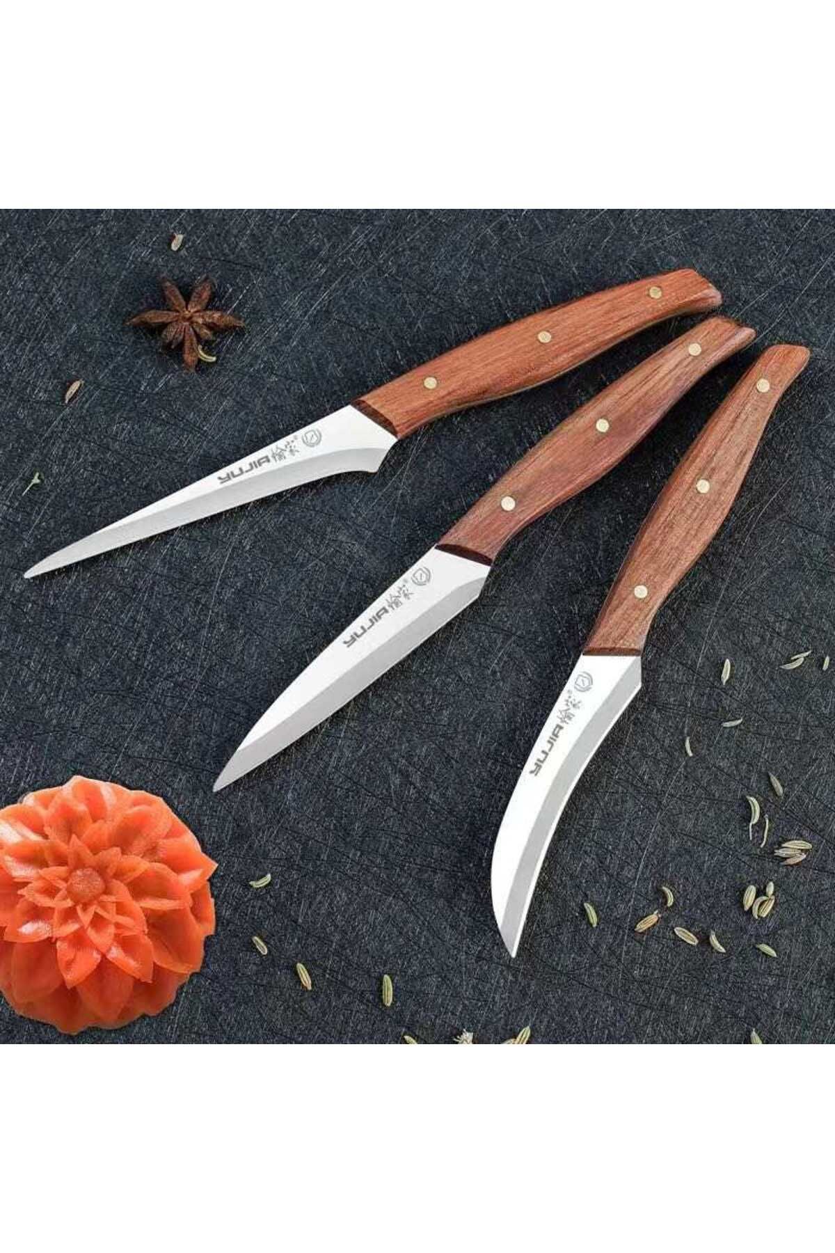 Bıçak Reyonu Reyonu Gül Ağacı Saplı 3 lü Dekor Bıçak Seti
