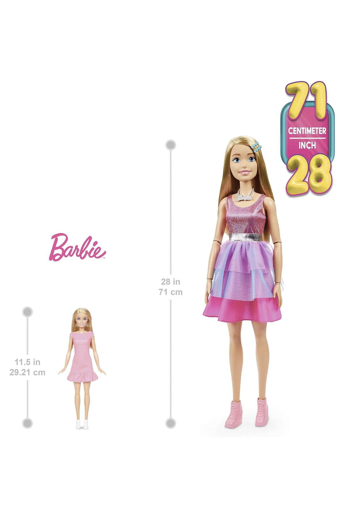 Barbie Pembe Elbiseli Barbıe Büyük Bebek 71 Cm Sarı Saçlı Büyük Barbie Bebek Zincirli ve Saç Tokalı