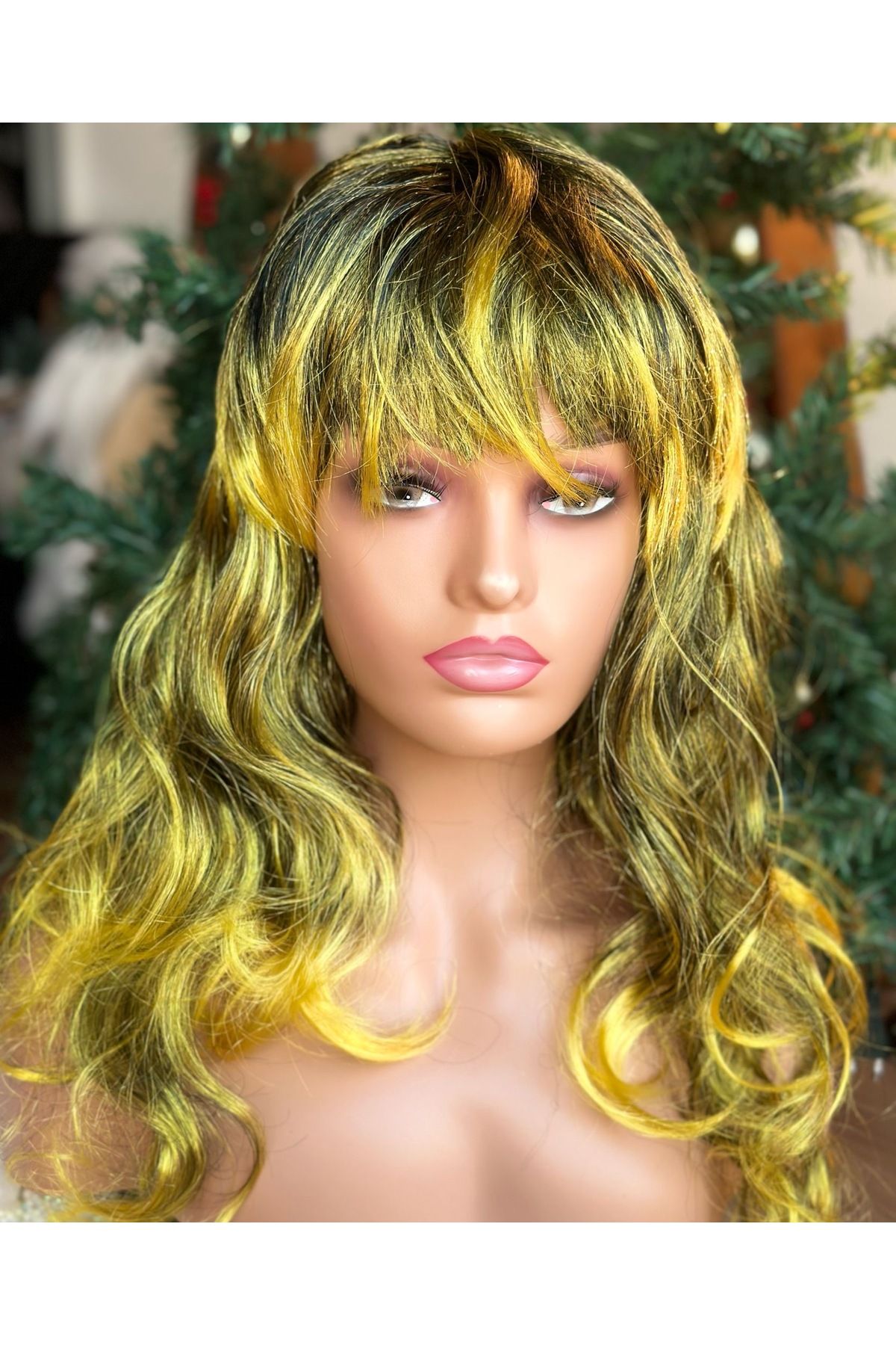 QUEEN AKSESUAR Parti doğum günü deniz kızı gösteri peruğu ayarlanır uzun dalgalı peruk saç balyaj sarı siyah