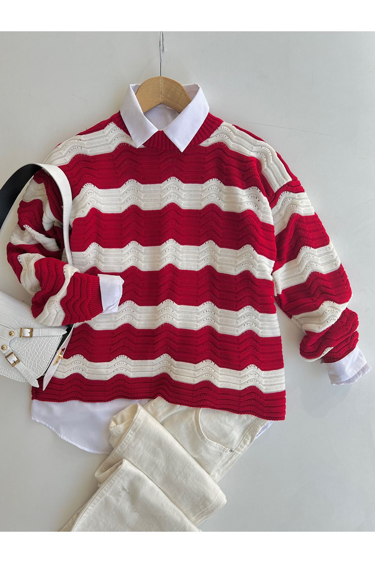 Genel Markalar İki Renk Oversize Triko Kazak - 390 - Kırmızı & Beyaz