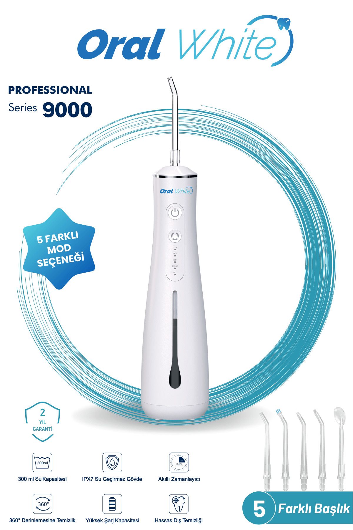 Oral White Professional Series 9000 Şarjlı Ağız Duşu 5 Başlıklı