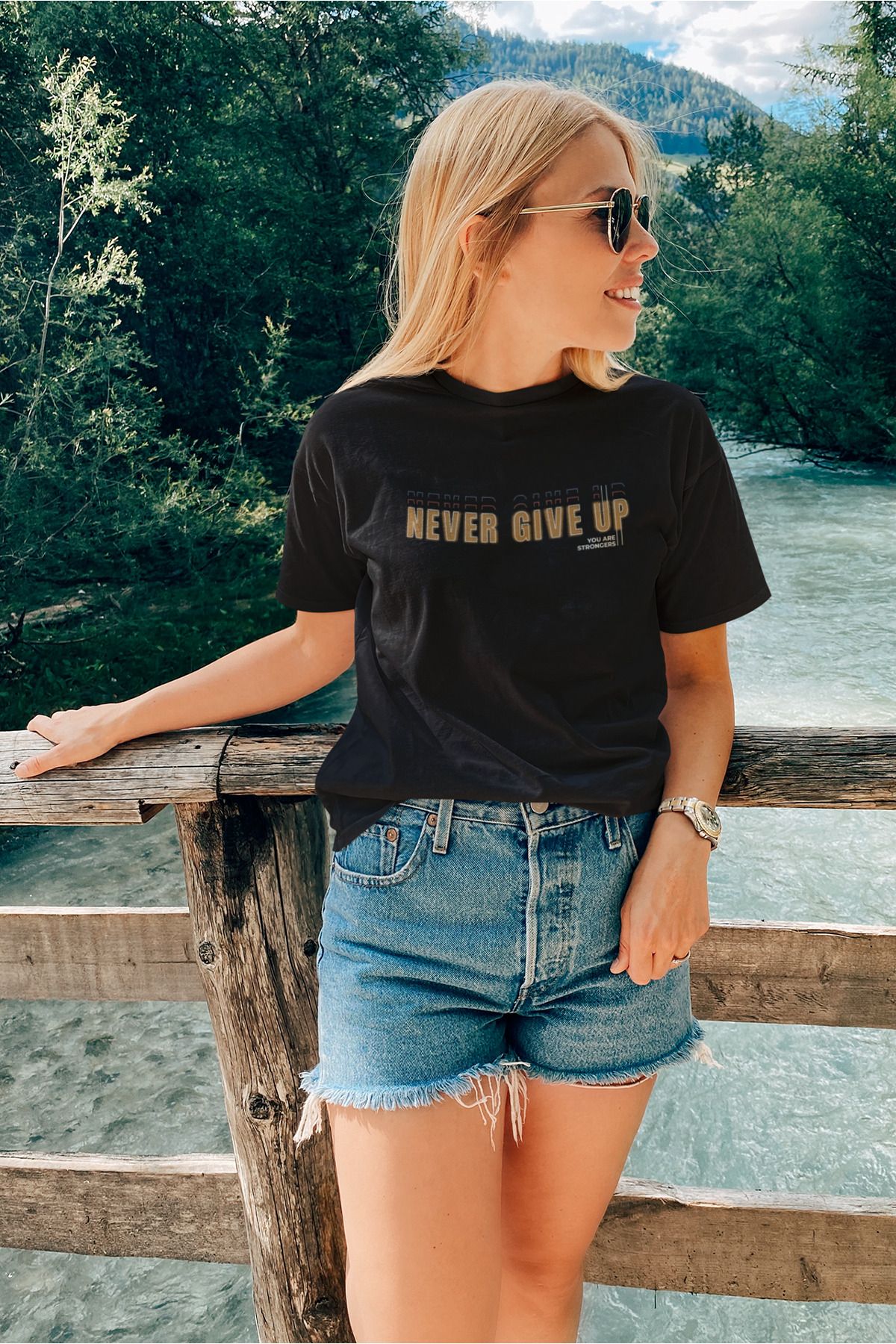 ADABEBEK Never Give Up Desenli Kadın Tişört