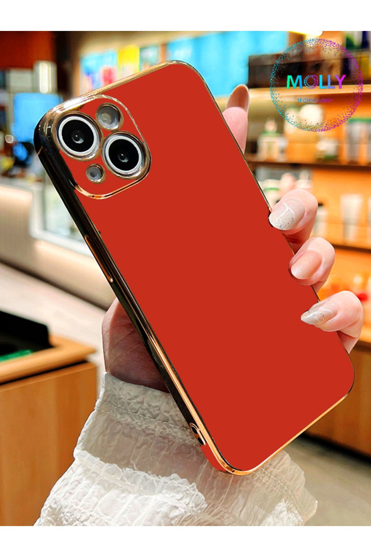 Molly iPhone 14  Uyumlu Alıç Kırmızısı Kenarları Gold Detaylı Lüks Silikon Kılıf