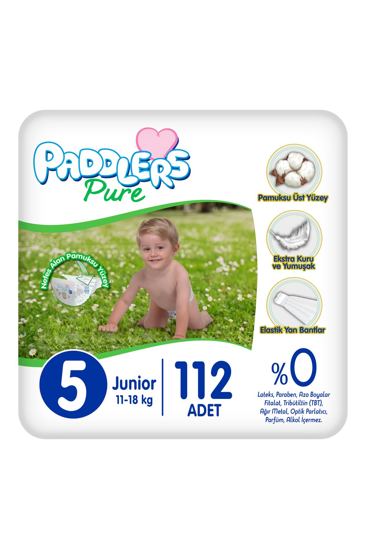 Paddlers Pure Bebek Bezi 5 Numara Junior 112 Adet (11-18 Kg) Ekstra Aylık Paket