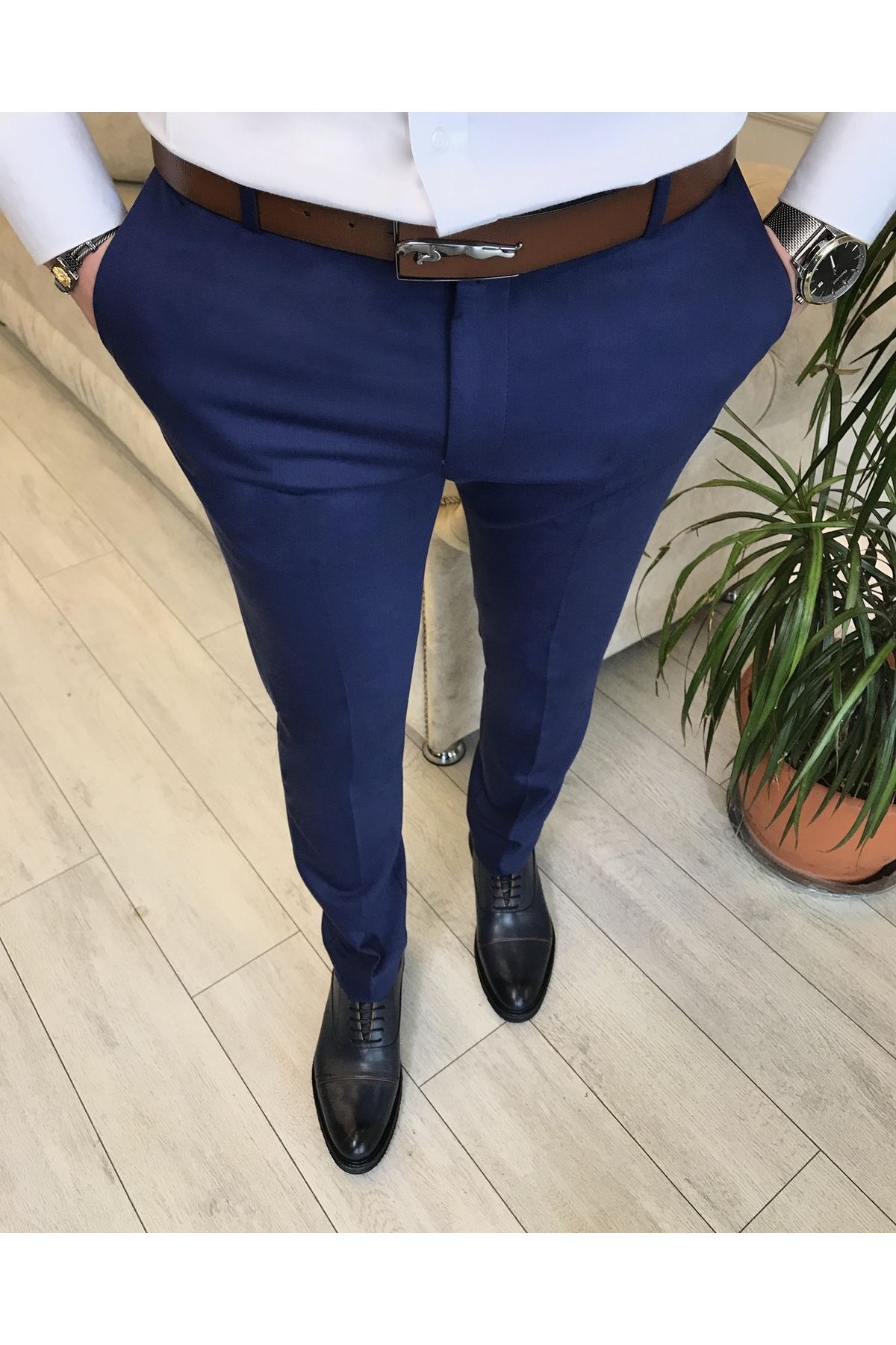 TerziAdemAltun Italyan Stil Slim Fit Erkek Kumaş Pantolon Açık Lacivert T4828