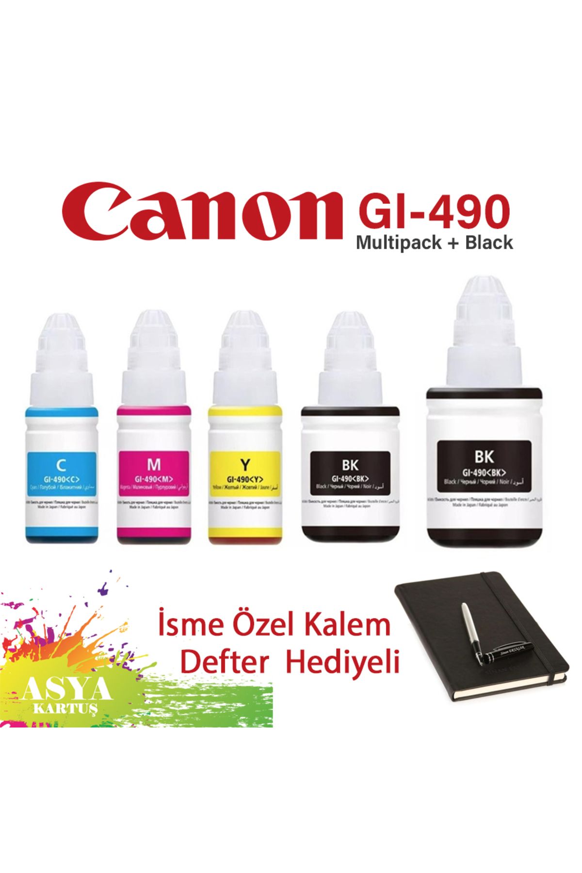 Canon Pixma G3411 Uyumlu GI-490 4 Renk Mürekkep + Siyah Hediyeli   CMYK + 1 BK hediyeli Set