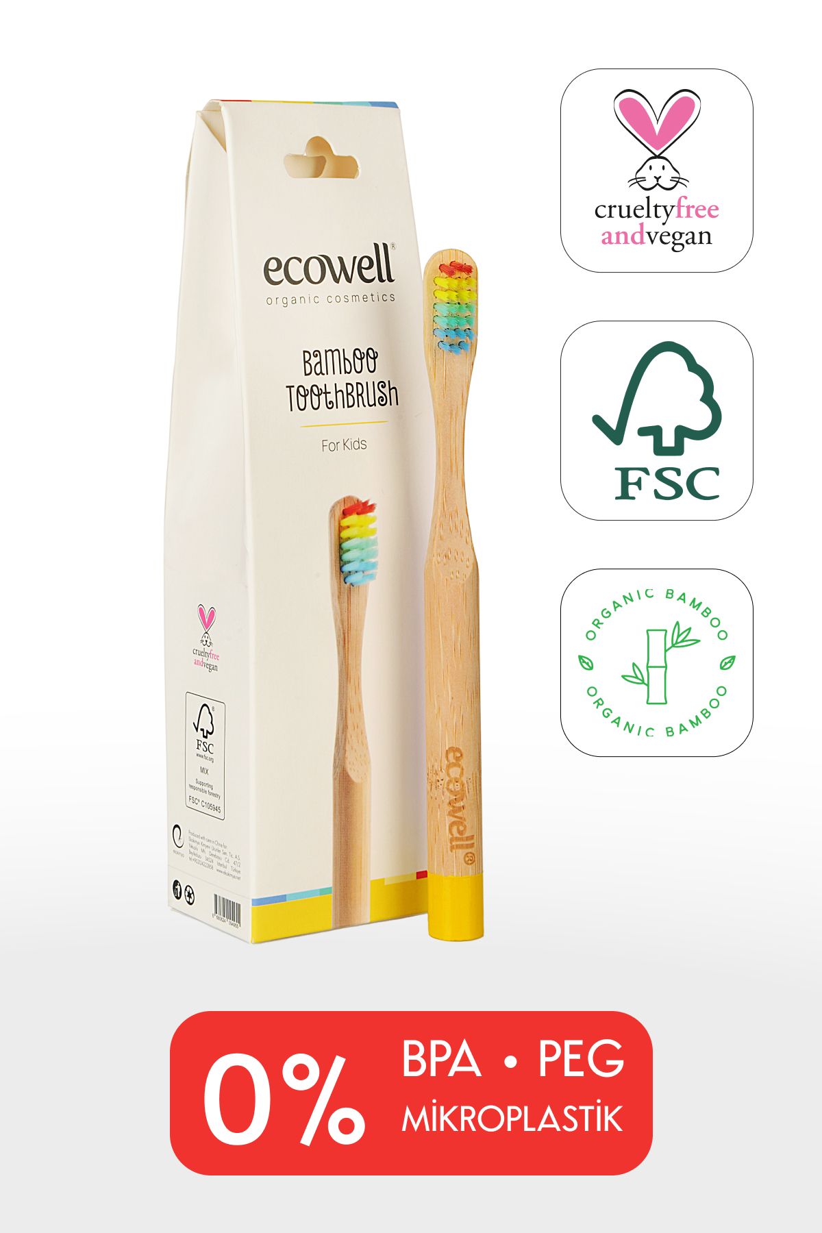 Ecowell Bambu Çocuk Diş Fırçası, Yumuşak, Doğal, BPA İçermez, Vegan & Cruelty Free