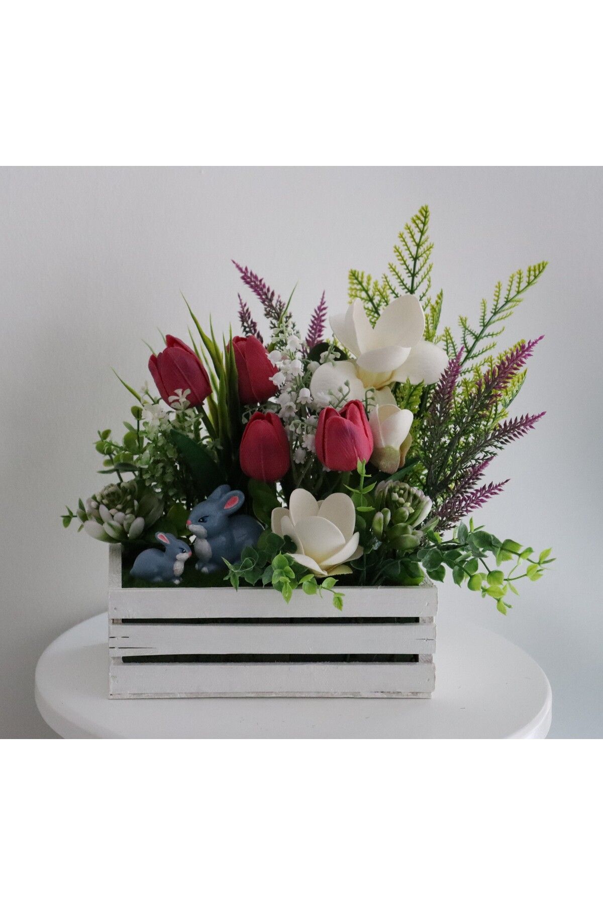 Aksesuar mavi tavşan biblo kompozisyon/yapay çiçek/ev ofis vitrin dekorasyon/hediyelik