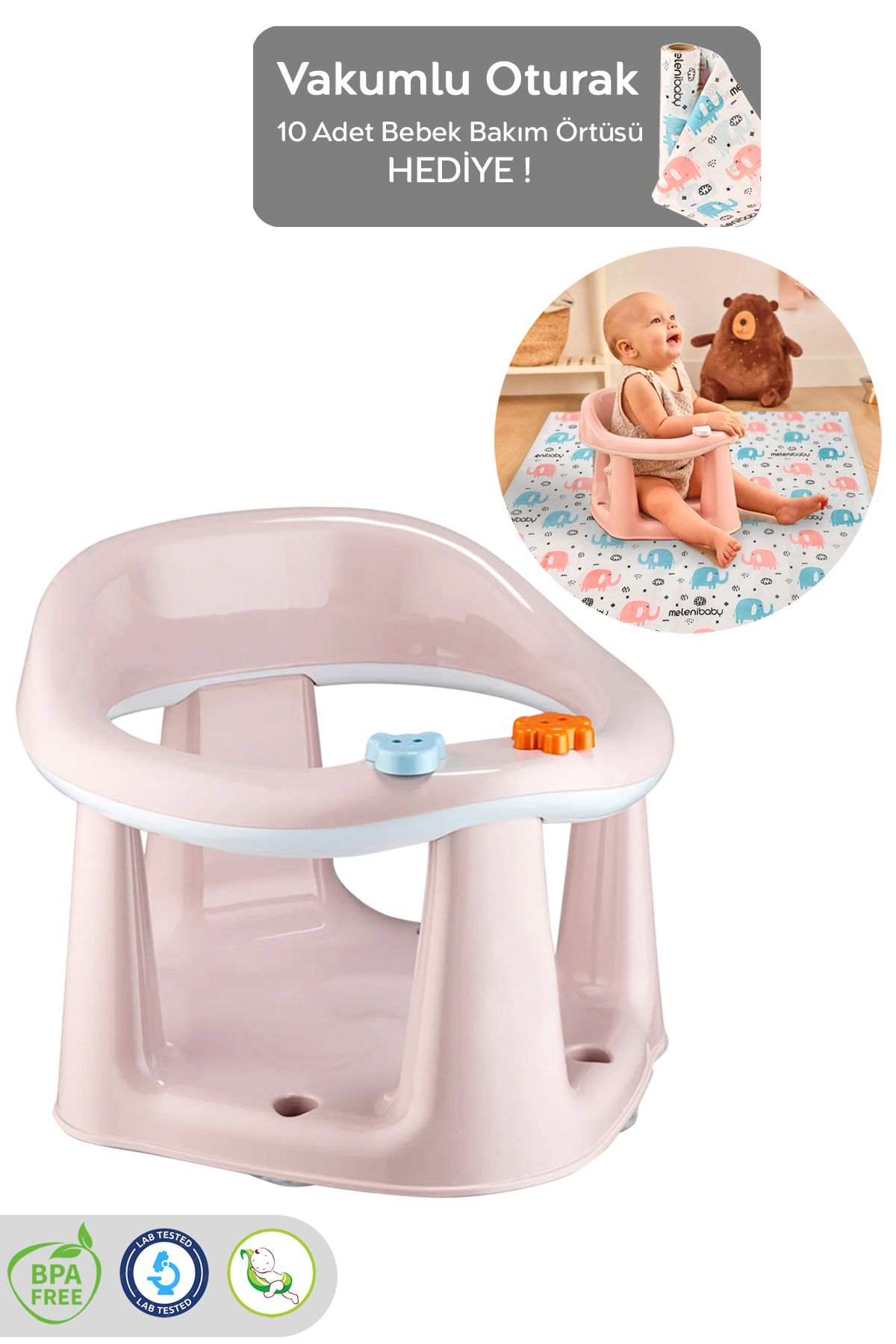 Meleni Baby Vakum Tabanlı Bebek Mama Sandalye Oturağı Oyuncaklı Banyo Oturağı Alt Açma Örtüsü Hediyeli Pembe